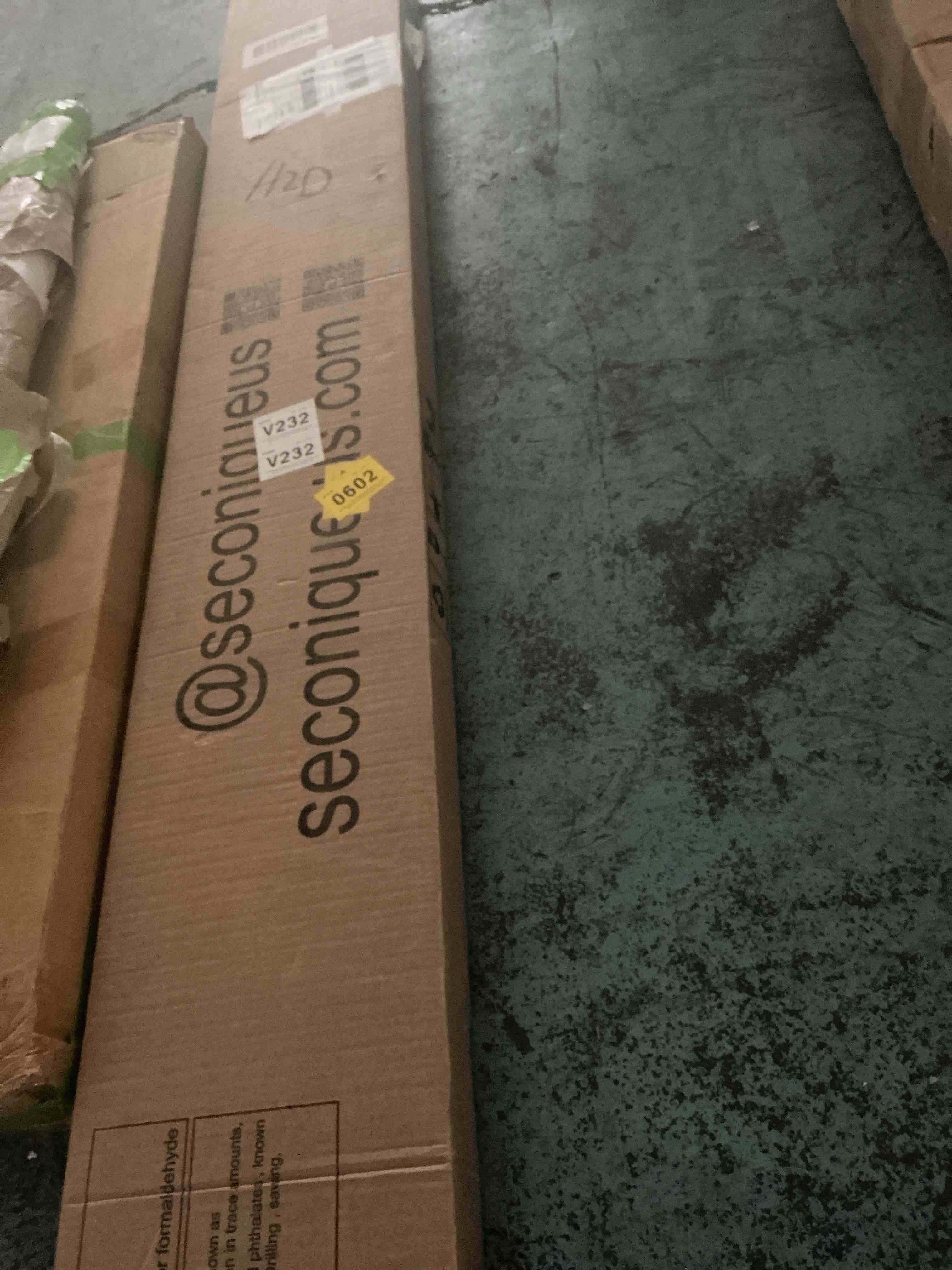 Condition photo showing New/Like New for acacia kaylin queen size bed frame with headboard, queen bed frame with headboard 800 lbs capacity natural wood bed all mattress support & no box spring needed, wood slats support, chocolate.