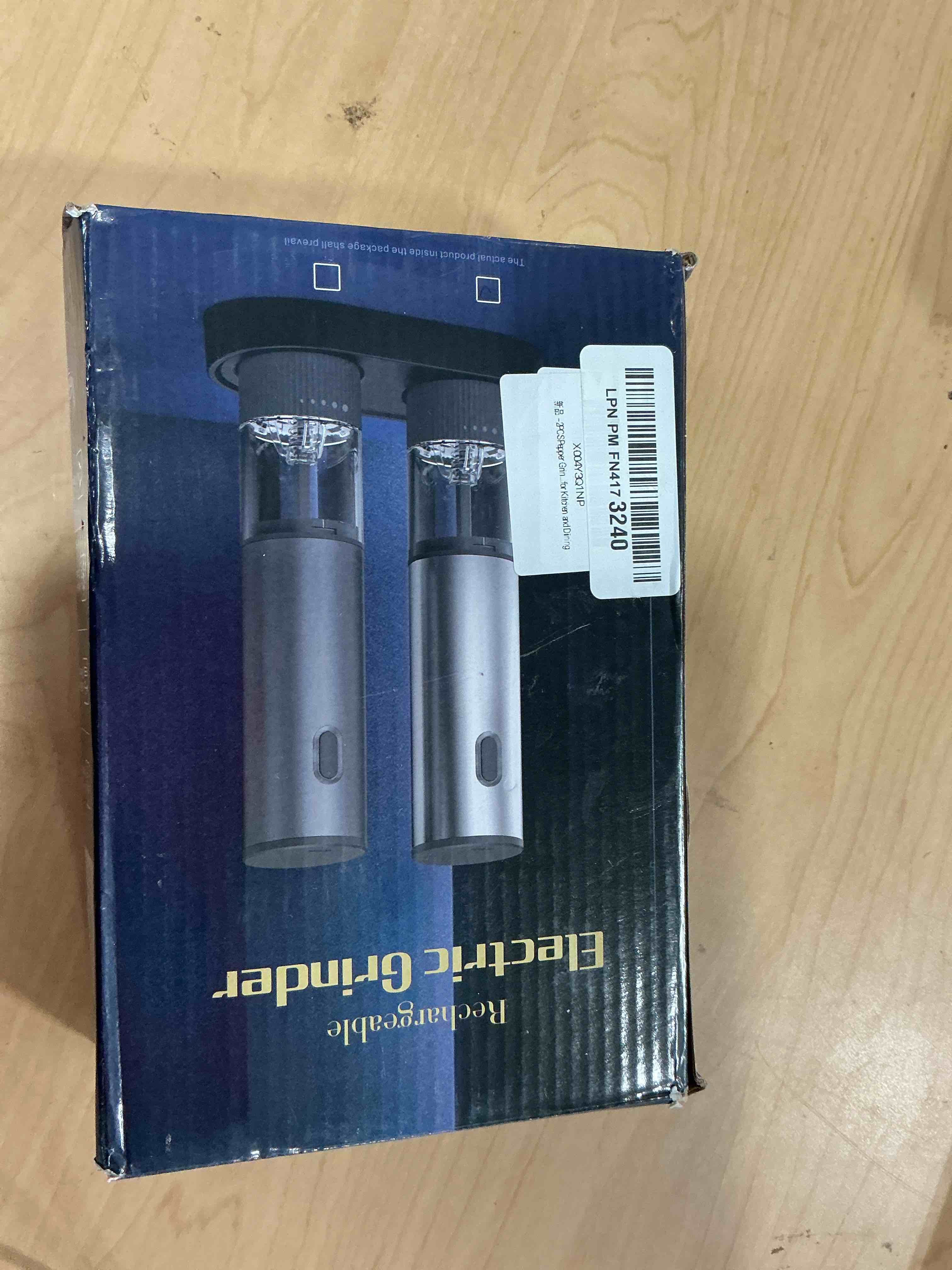 Condition photo showing New/Like New for electric salt and pepper grinder set - rechargeable automatic salt and pepper shakers, kitchen appliances with external adjustable coarseness, larger hopper for cooking, home gifts(2 pack,black/black)