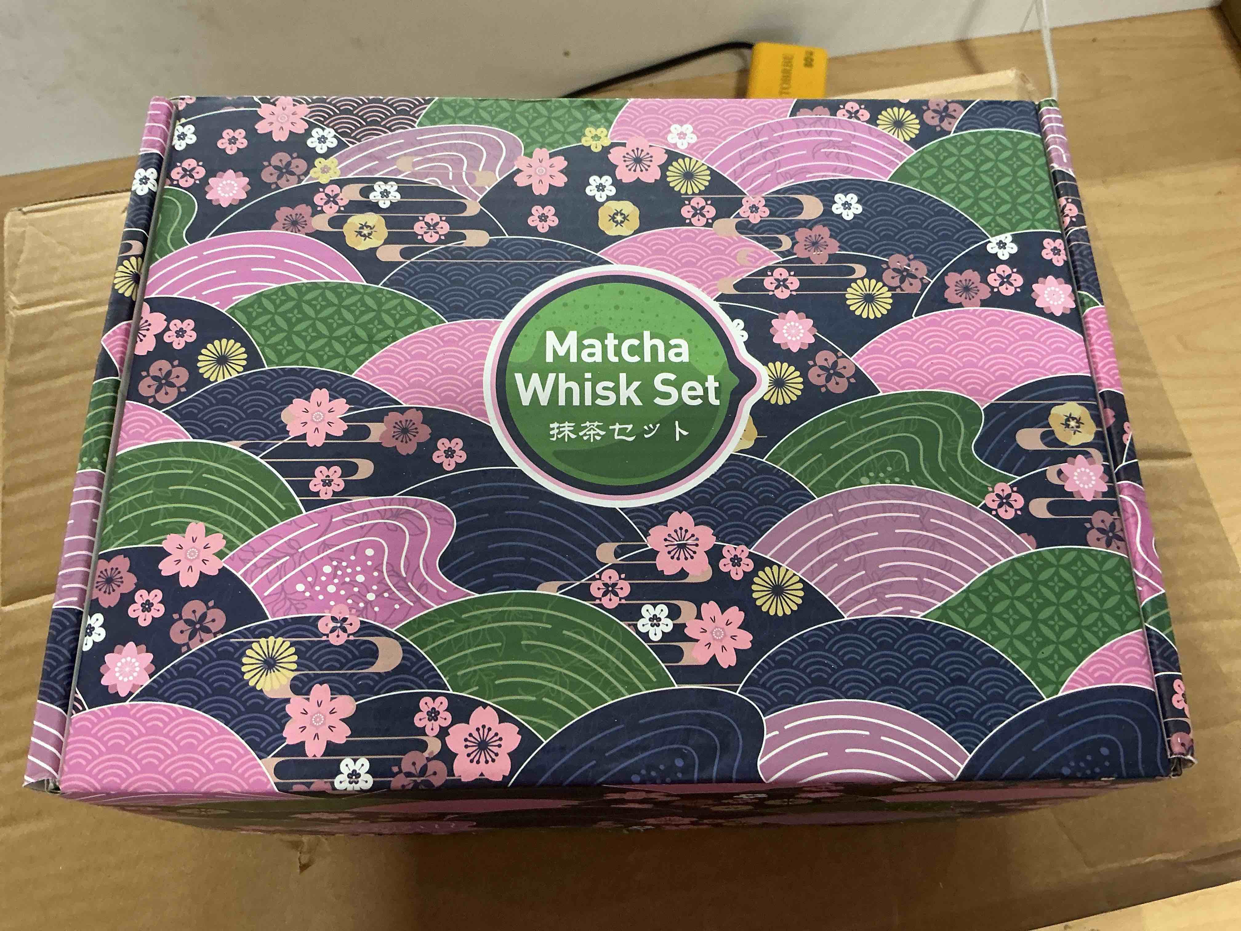 Condition photo showing New/Like New for matcha whisk set, matcha set includes ceramic matcha bowl, bamboo whisk, scoop, chasen holder, sifter, 5 pcs perfect matcha kit for matcha lover (mottled green)