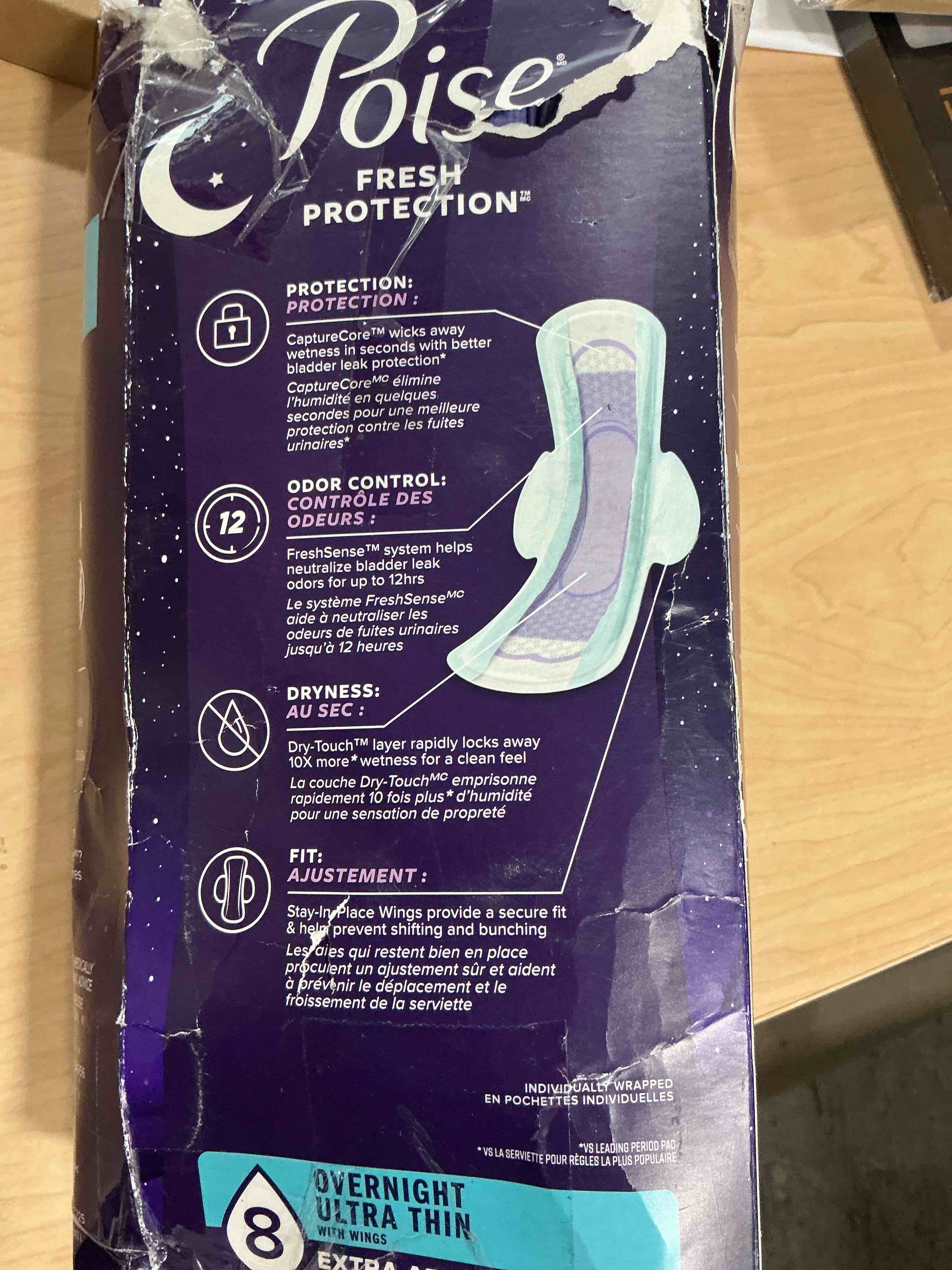 Condition photo showing New/Like New for poise overnight ultra thin incontinence & postpartum pads with wings for bladder leaks, 8 drop extra absorbent, long length, 20 count