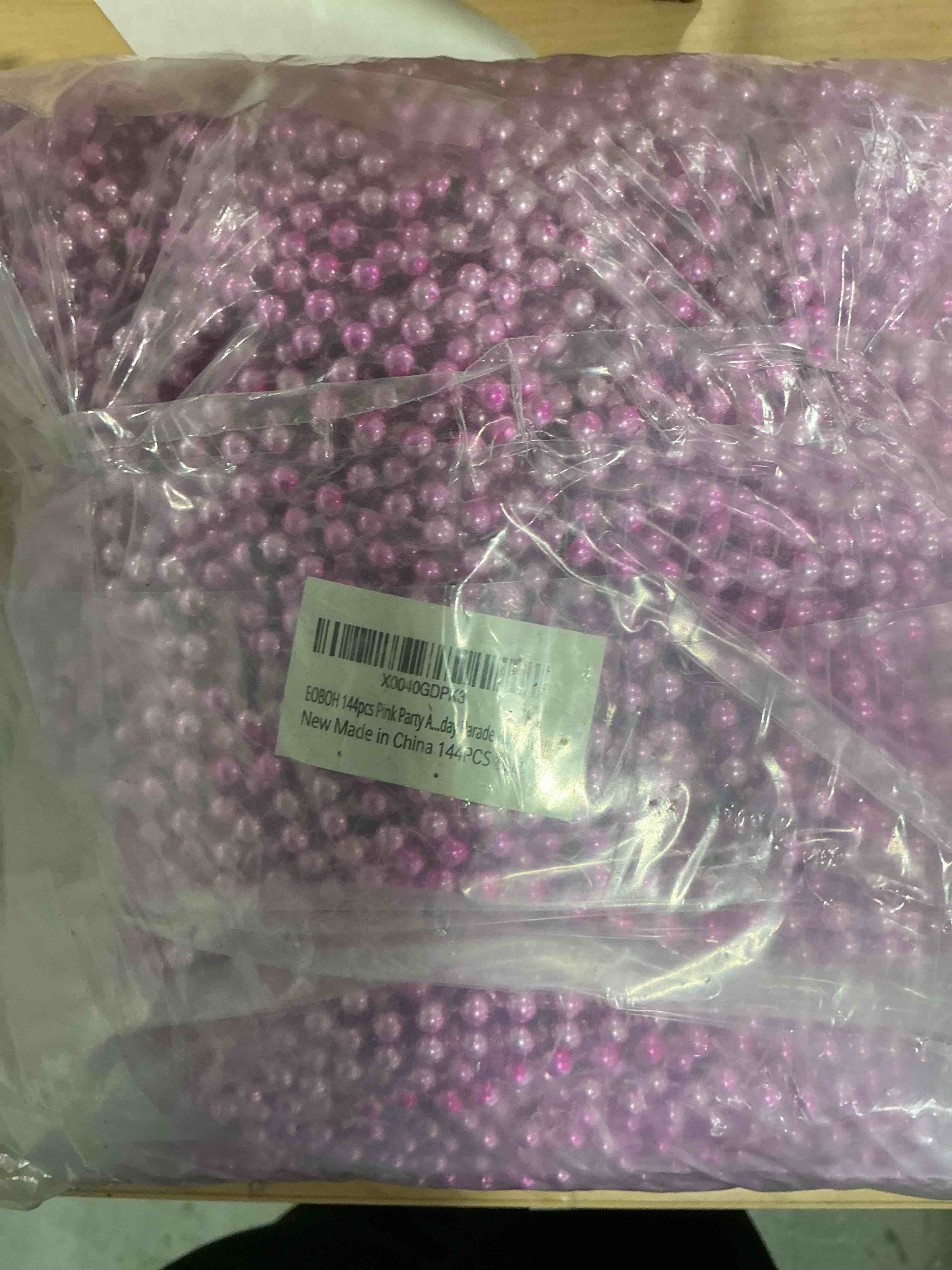 Condition photo showing New/Like New for eoboh 144pcs bead necklace, metallic pink mardi gras rose necklaces bulk, 33" mardi gras round beaded necklace stuff, festival parade throw accessories wedding gender reveal party supplies decor pink 144