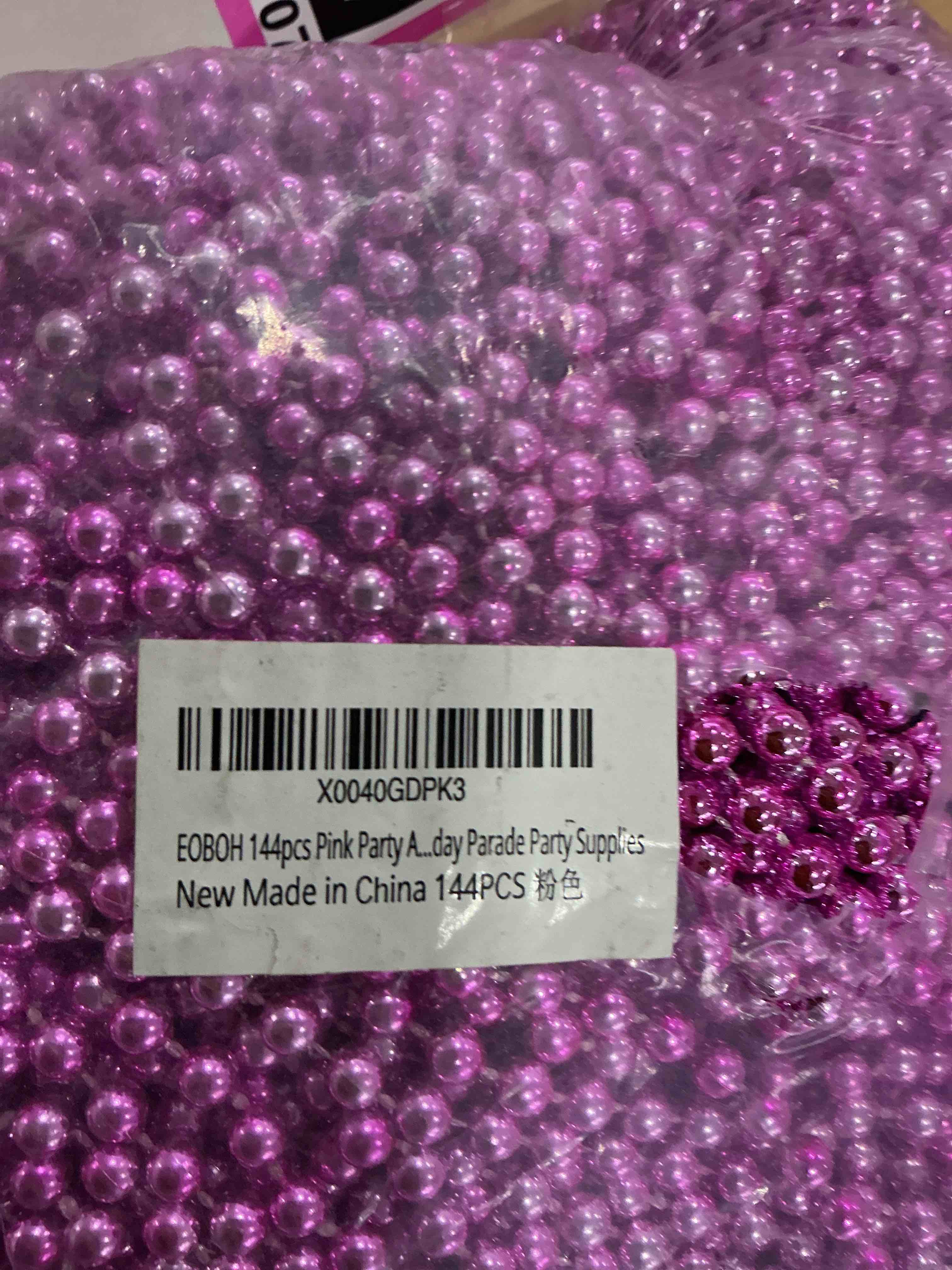 Condition photo showing New/Like New for eoboh 144pcs bead necklace, metallic pink mardi gras rose necklaces bulk, 33" mardi gras round beaded necklace stuff, festival parade throw accessories wedding gender reveal party supplies decor pink 144