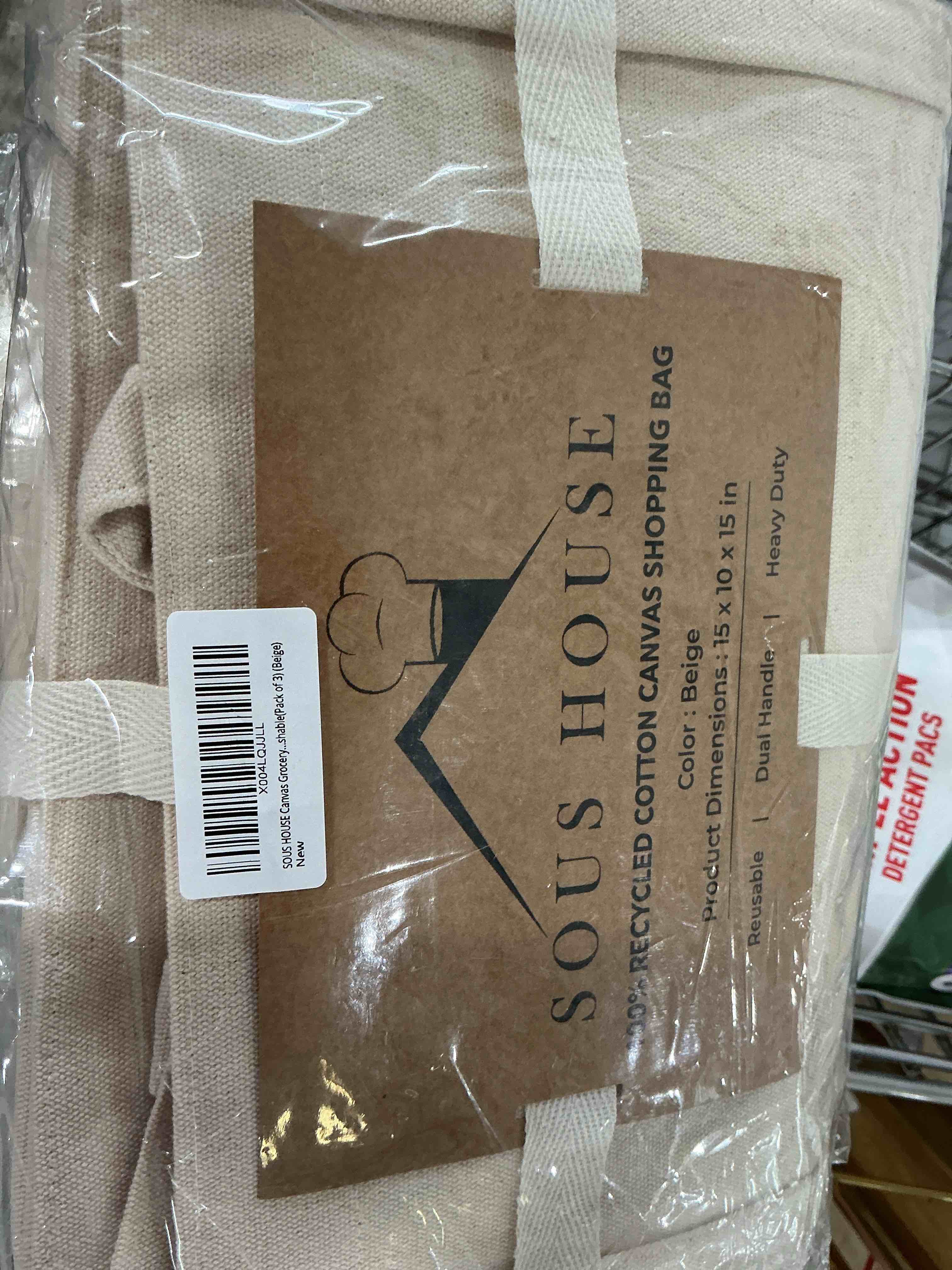 Condition photo showing New/Like New for premium canvas grocery bags with real pockets, frontal pocket, long shoulder strap and short handle, 3pc, xl beige