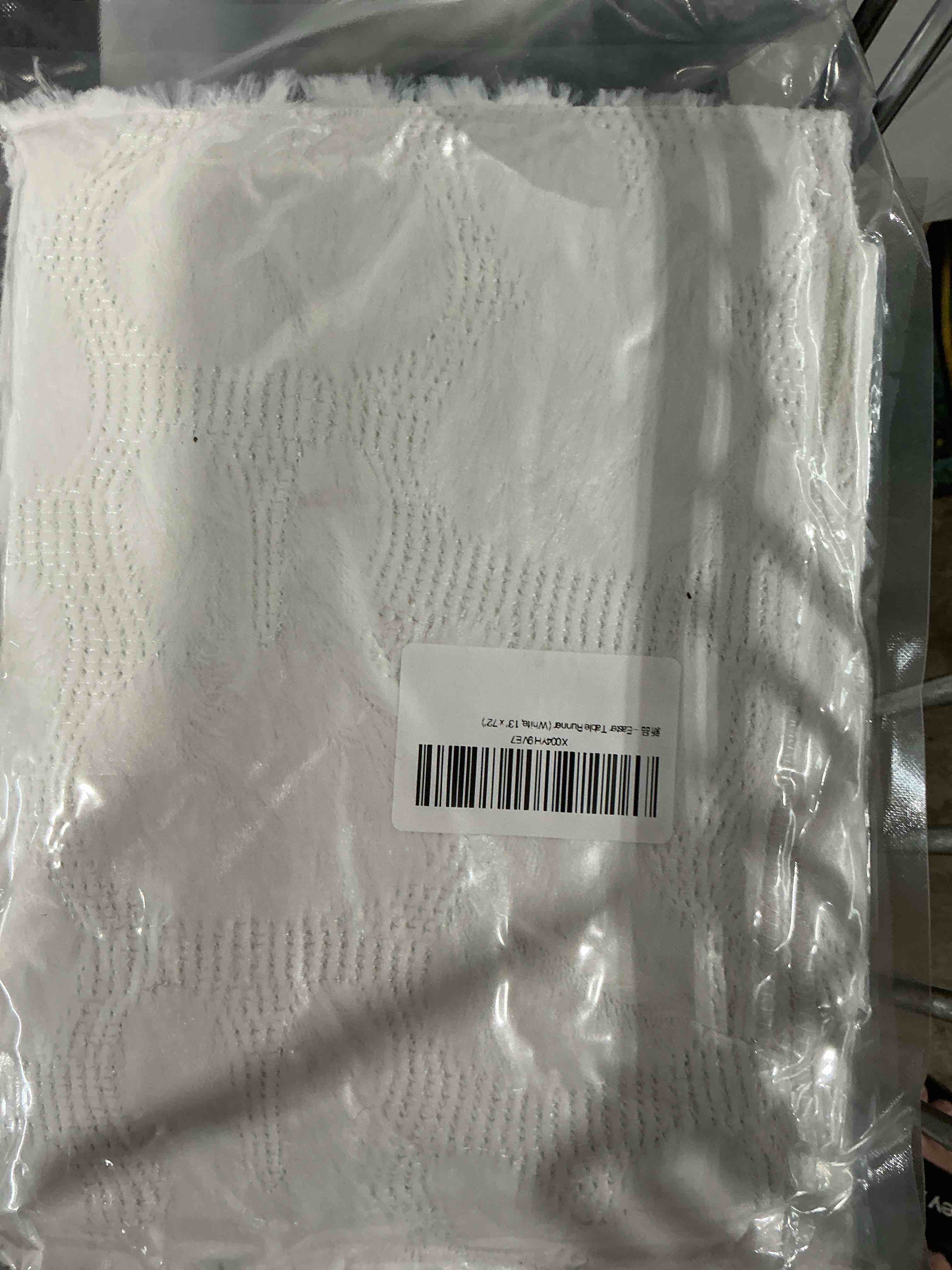 Condition photo showing New/Like New for easter table runner white soft plush faux fur jacquard bunny kitchen dining table decoration for farmhouse home party decor (white, 13" x 72") white 13" x 72"