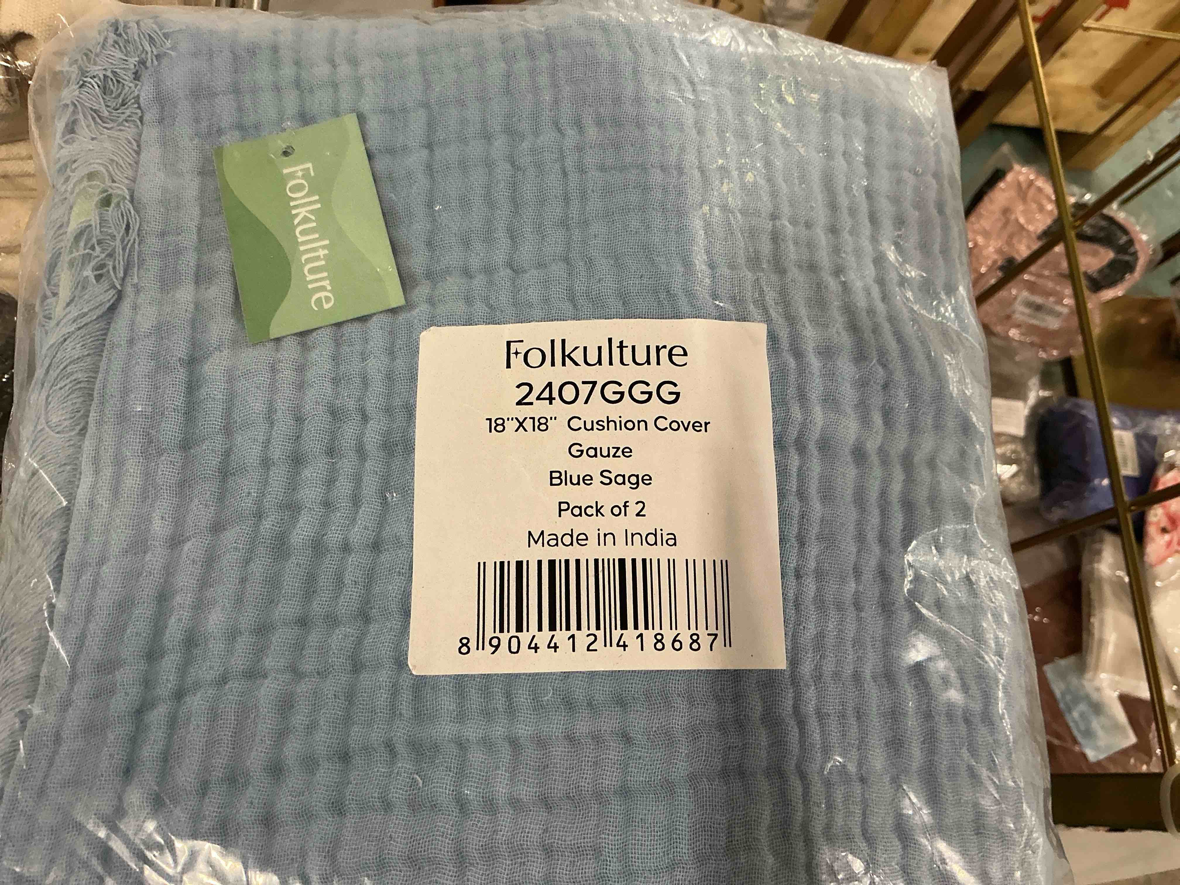 Condition photo showing New/Like New for folkulture throw pillow covers | (18x18) set of 2 fringed reversible dual sided decorative pillows for couch | 100% organic cotton | green & blue cushion covers | boho home décor