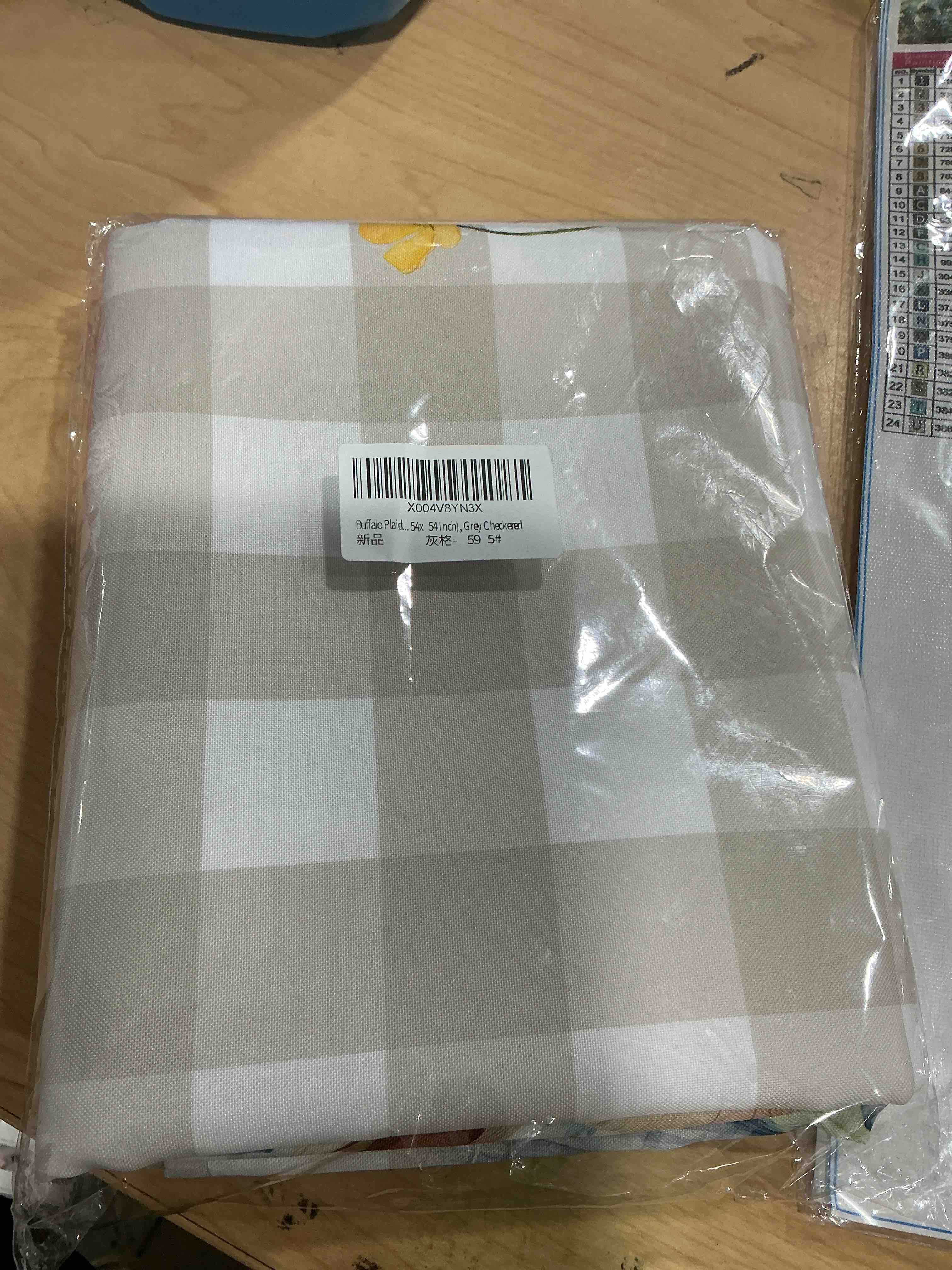Condition photo showing New/Like New for joyfol day buffalo plaid easter tablecloth, bunny waterproof square table cloth, blue flowers washable table cover for spring dining party decor (54 x 54 inch), grey checkered 54" x 54" (square) grey