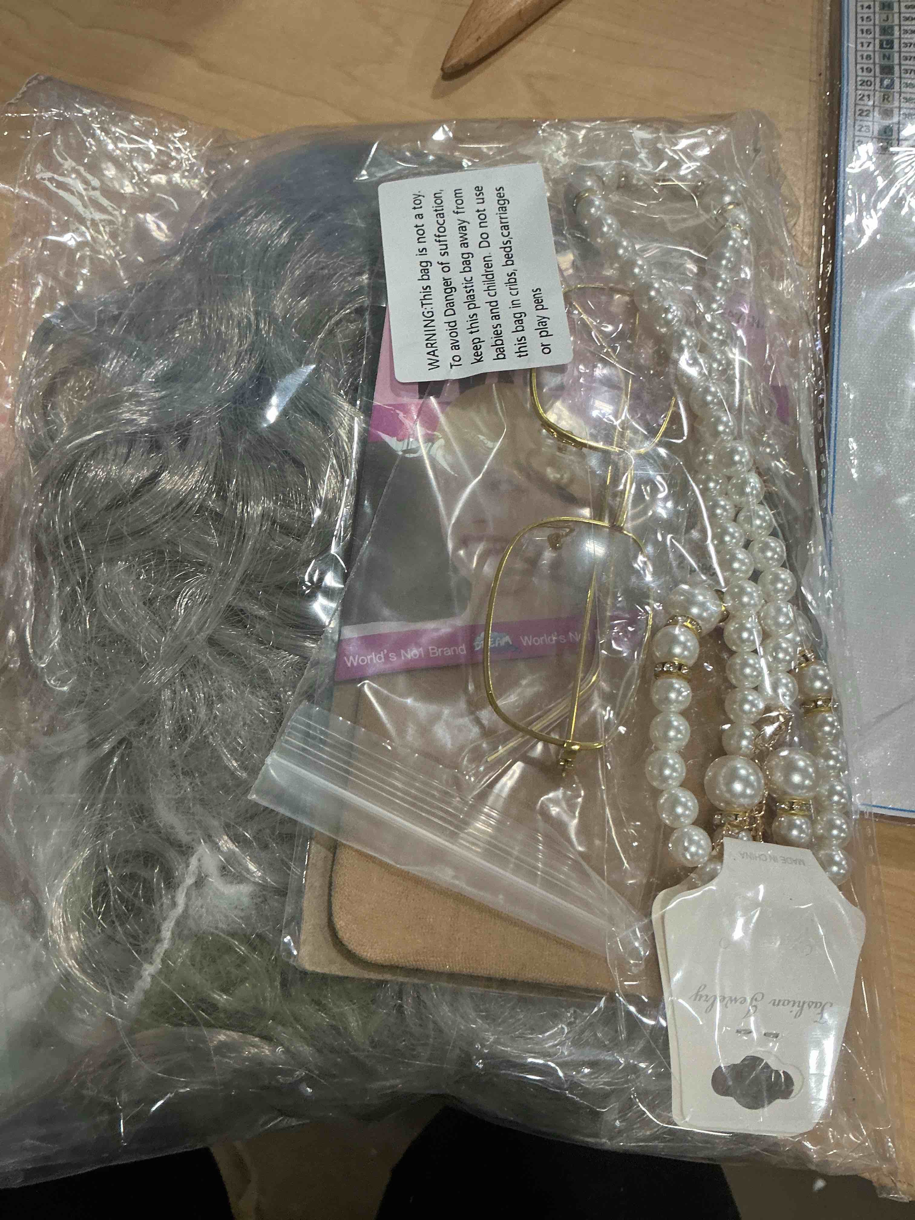 Condition photo showing New/Like New for old lady costume 100 day of school cosplay set grandma wig glasses pearl necklace halloween granny dress up(old lady cosplay set 1)