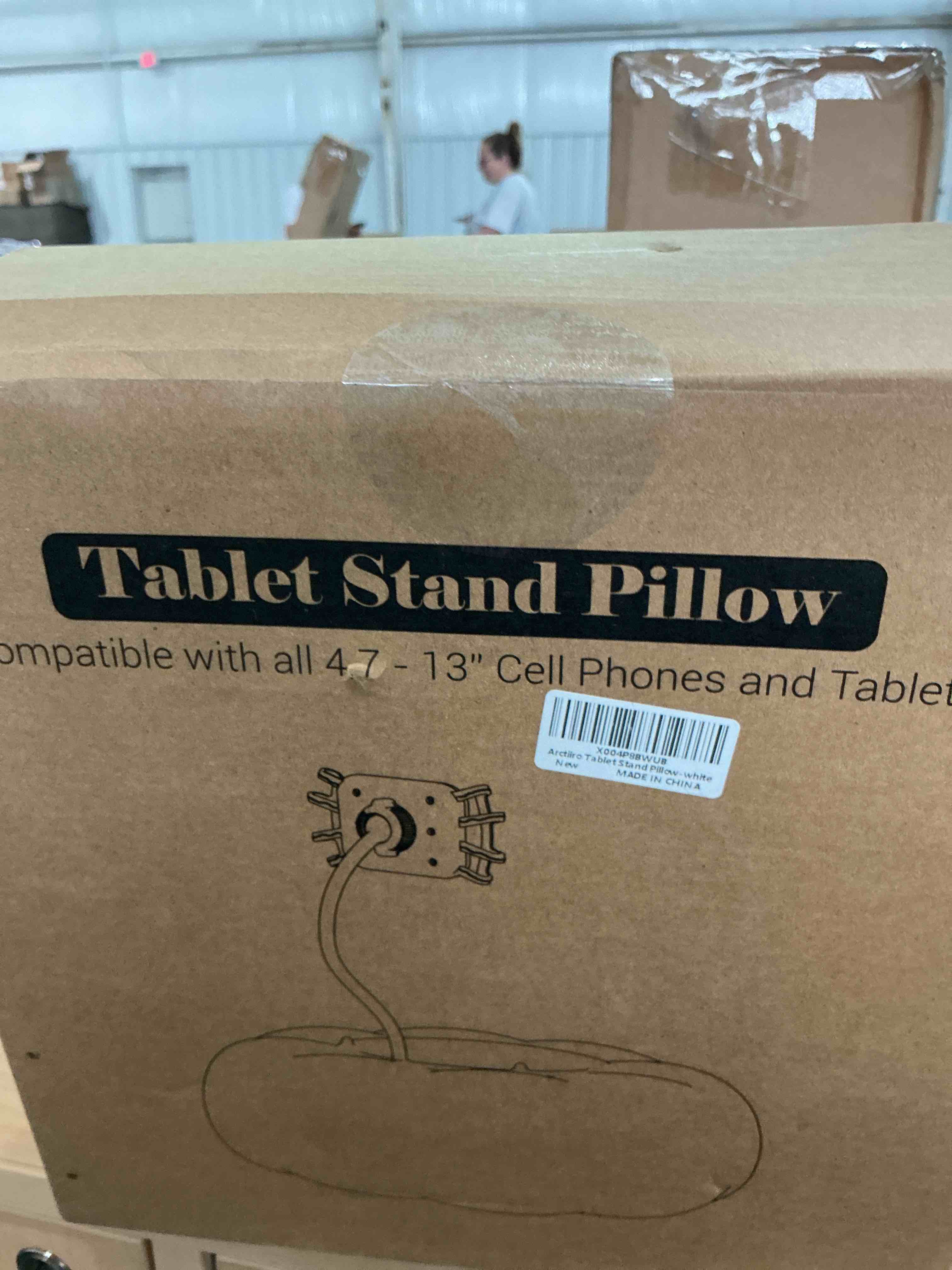 Condition photo showing Brand New for viozon tablet stand pillow, compatible with 4.7"-13" phone/tablet, ipad, iphone, samsung, google, kindle, 360°adjustable phone holder for bed with soft plush fabric, and detachable bowl, white