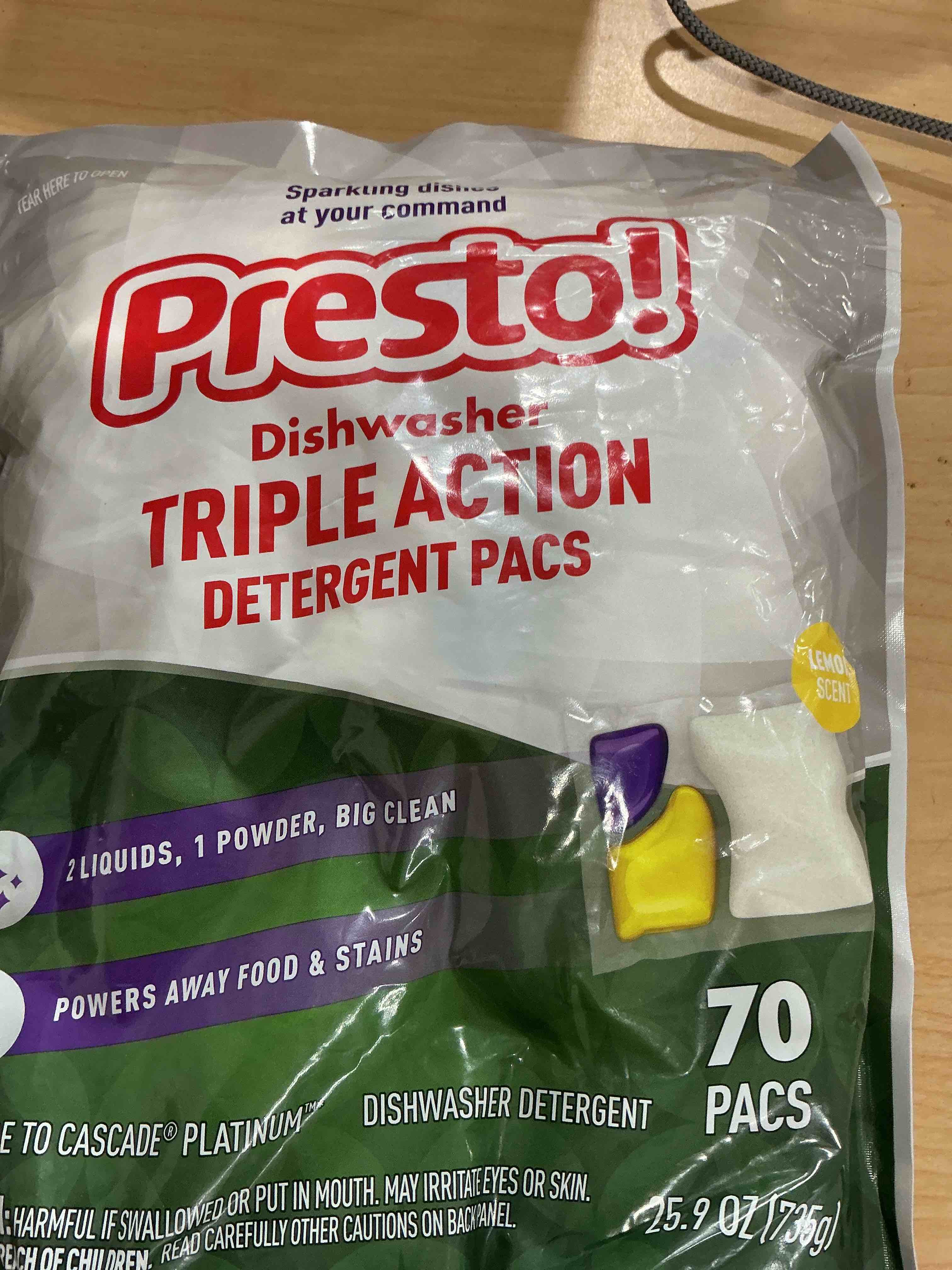 Condition photo showing Brand New for amazon brand - presto! triple action dishwasher pacs, lemon scent, 70 count