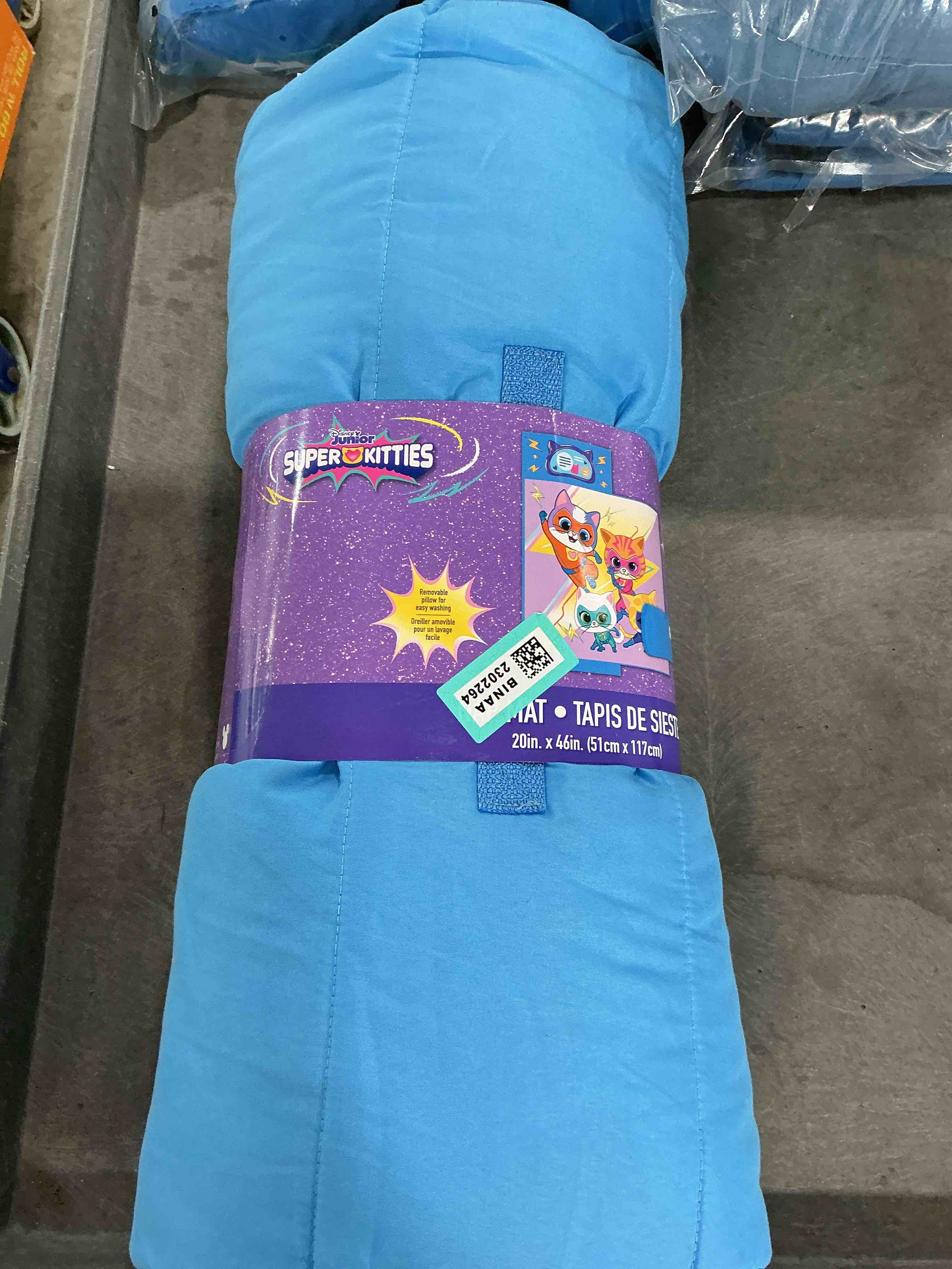 Condition photo showing New/Like New for jay franco kids nap mat with embedded pillow & blanket super kitties soft 46"x20" microfiber sleeping bag with name tag & handle, purple