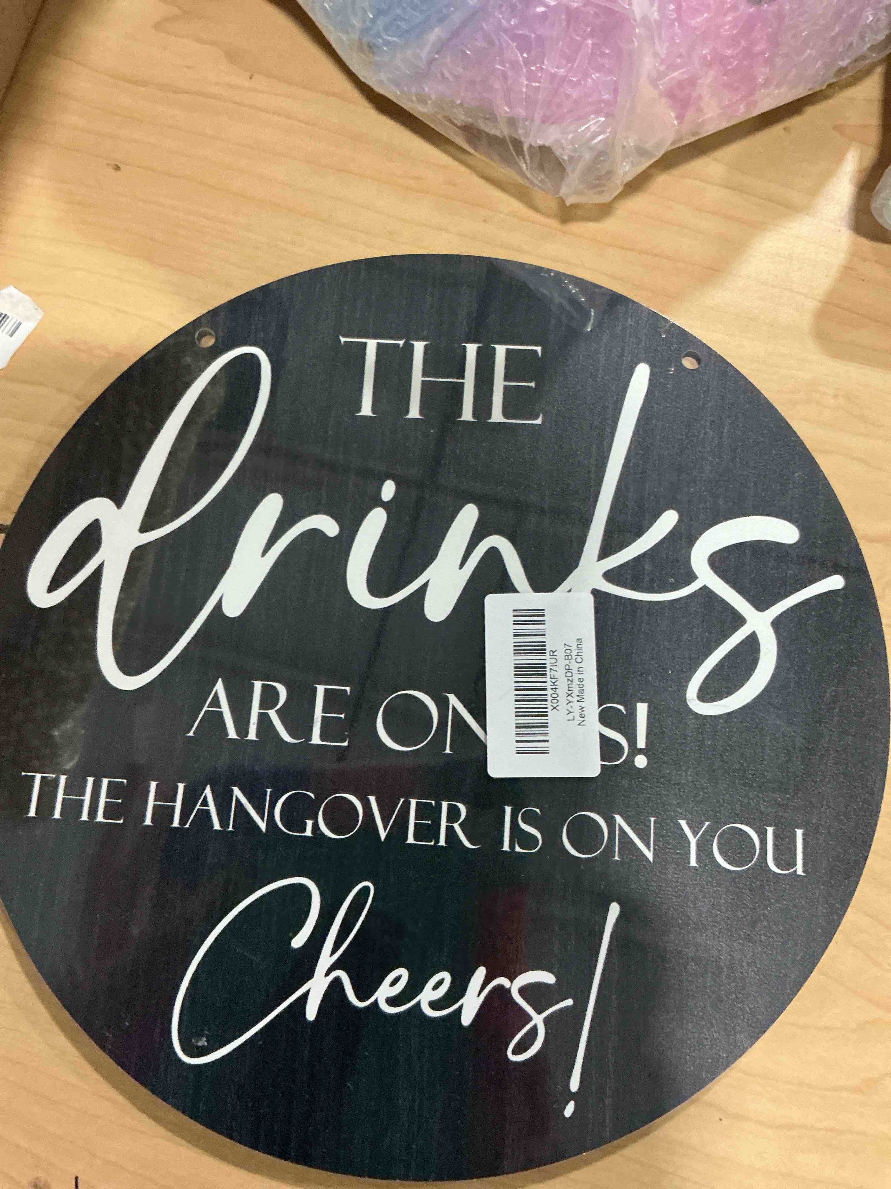 Condition photo showing Brand New for bar signs for home bar wedding decorations,5 inches wooden sign with support, the drinks are on us! the hangover is on you cheers! wedding and pubs decor, bar accessories(black) - d02