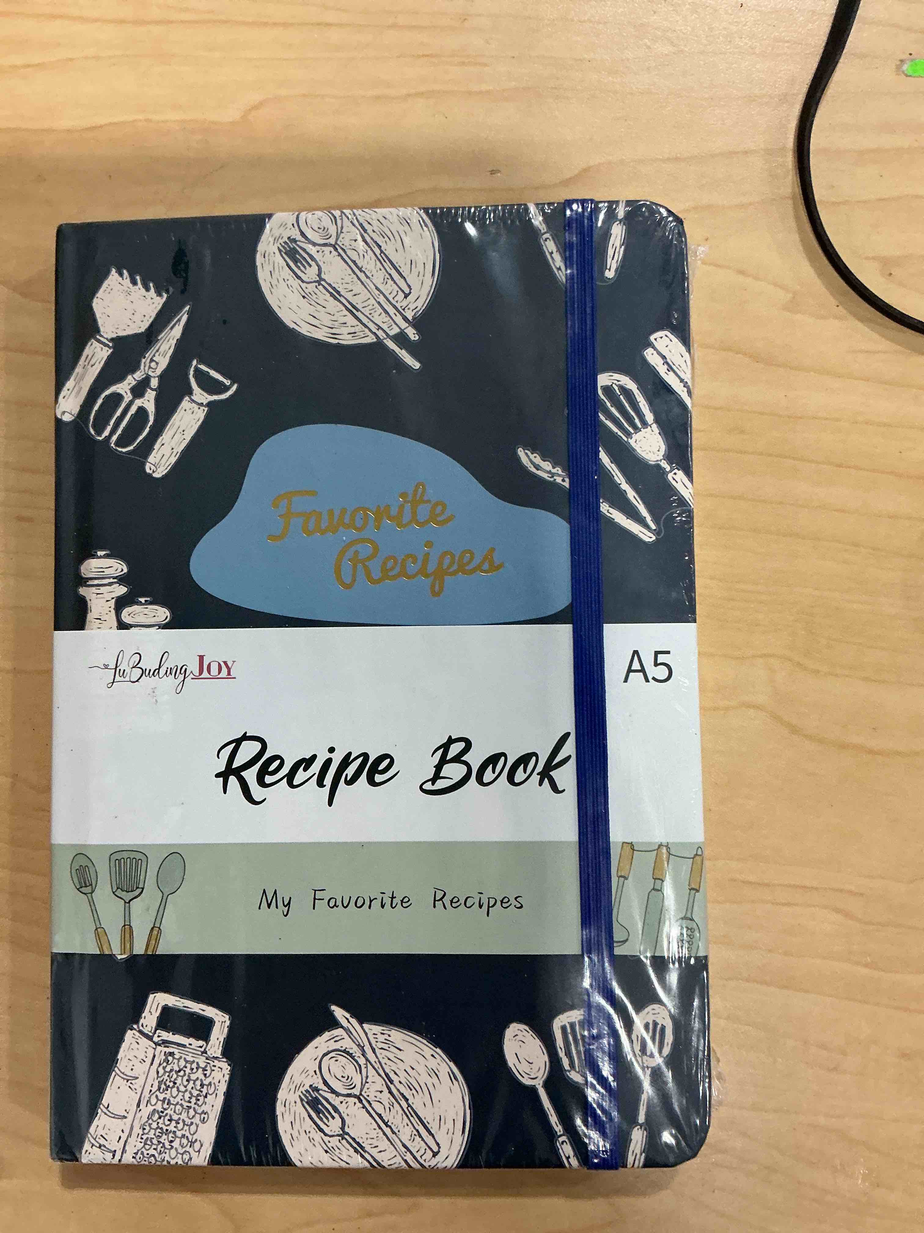 Condition photo showing Brand New for kikaze collection blank recipe notebook | small blank recipe book to write in your own recipes | artisan hardcover journal for 60 recipes | 8.4” x 6” leather sage green & gold hardcover | tabs, stickers, pocket & bookmarks blue