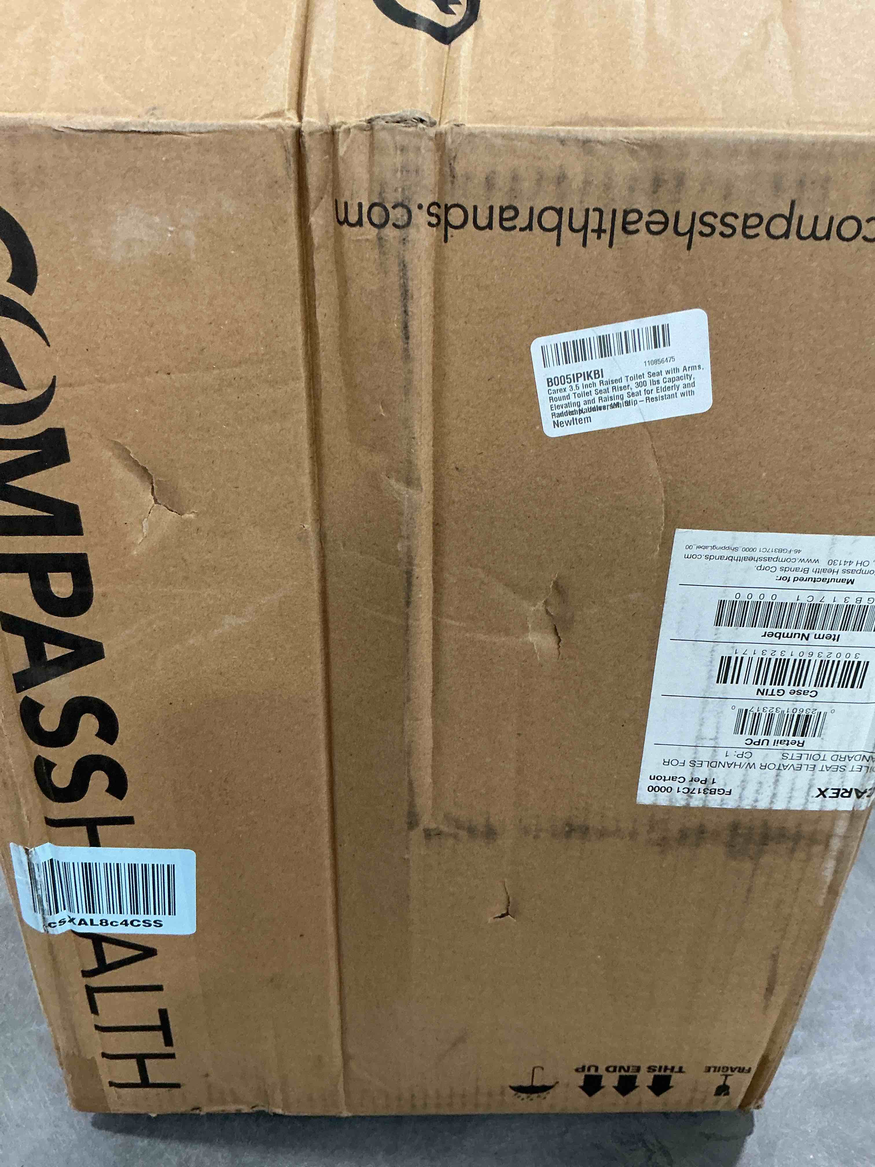 Condition photo showing New/Like New for compass raised toilet seat with arms, elongated toilets, 3.5 inch high, elevated toilet riser with removable padded handles, easy on and off, support 250 lbs, white