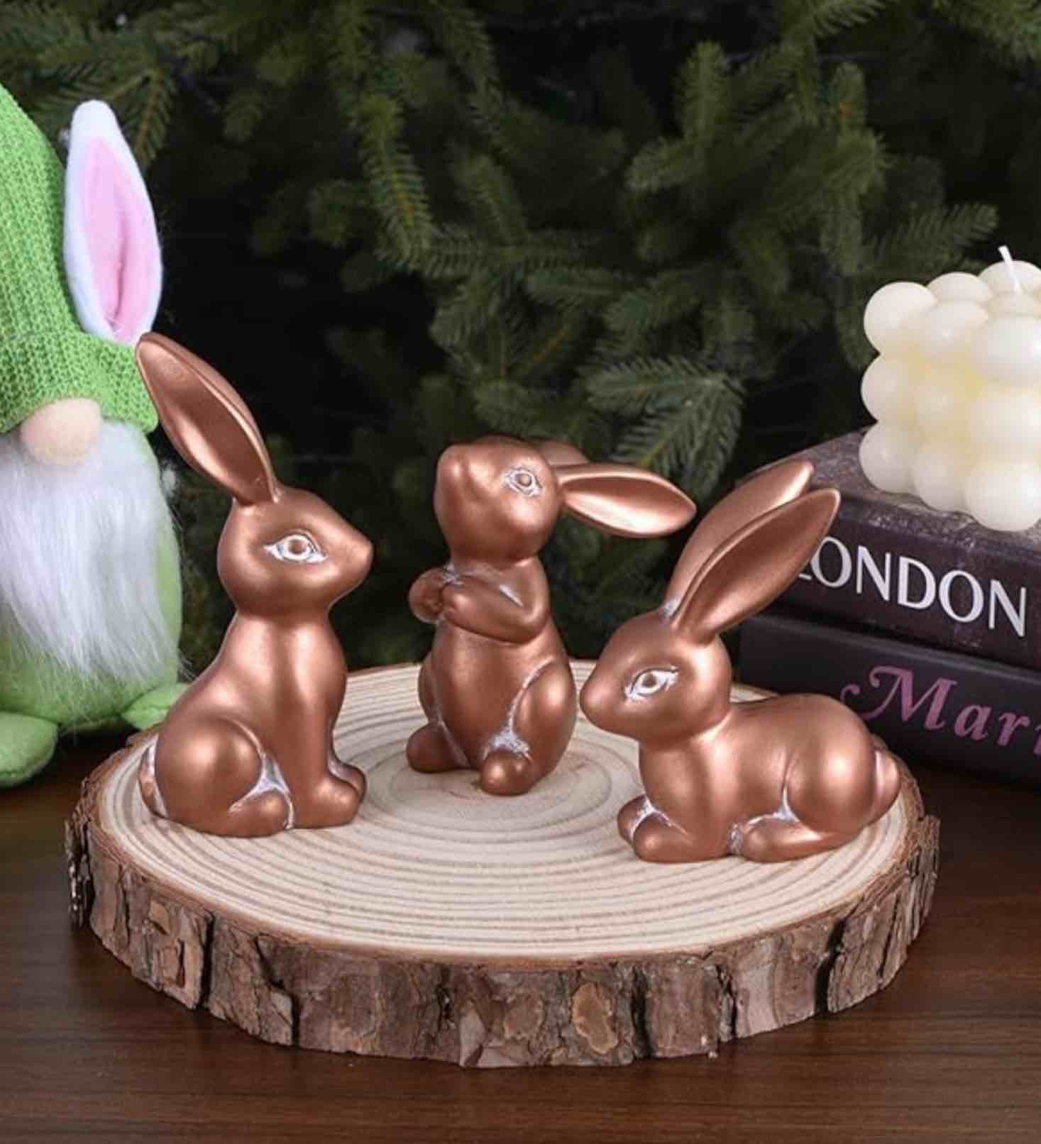 Condition photo showing Brand New for easter bunny figurines set, 3pcs rustic resin bunnies in antique copper finish, cute bunny decor for spring decorations for home, easter table centerpieces for tiered tray (copper)