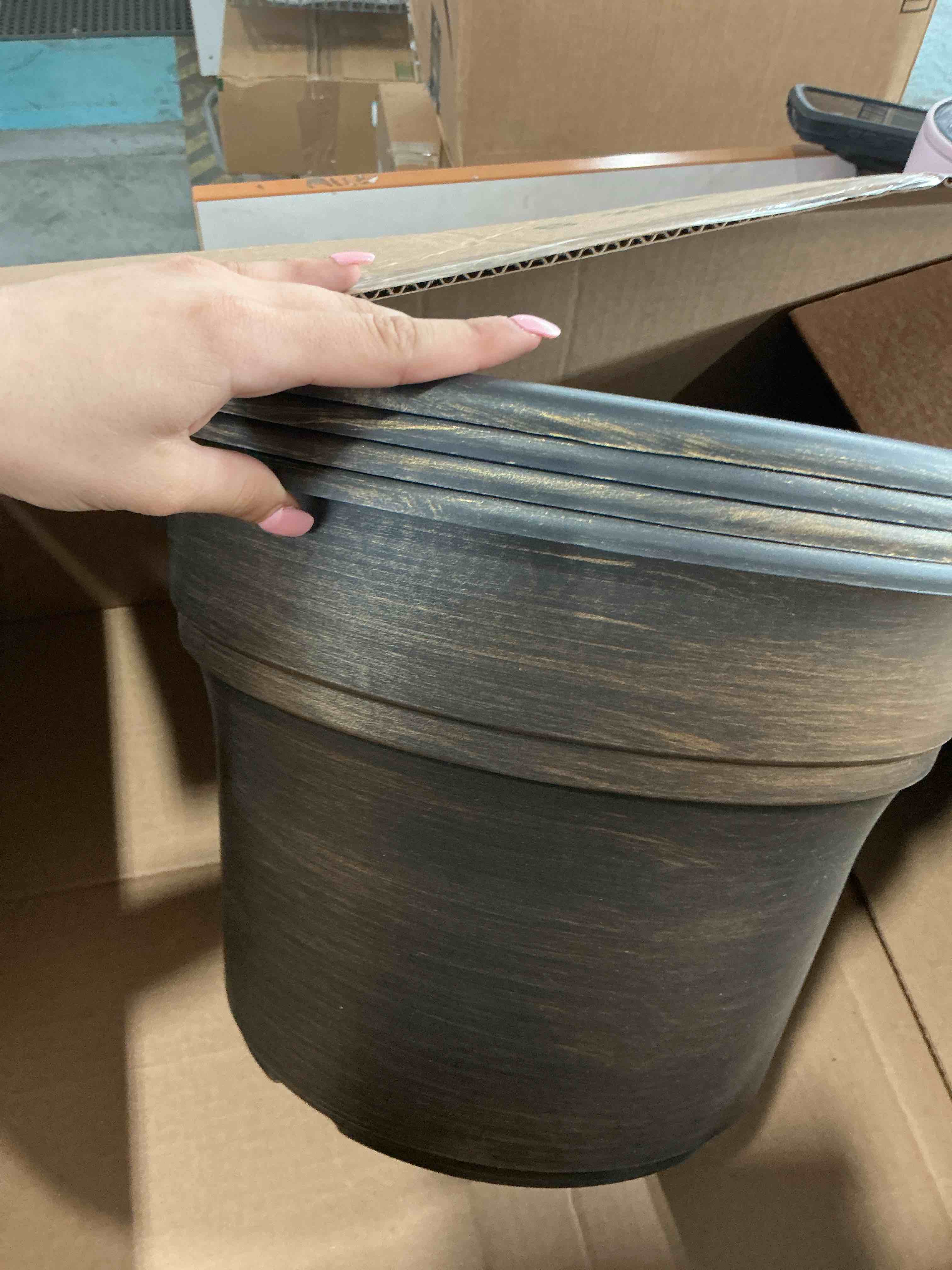 Condition photo showing New/Like New for plant planters pots set of 4 pack 13 inch?large plastic flower pot for indoor plants with drainage holes & trays, resin decorative container sets with saucer for house outdoor garden plant dark gold