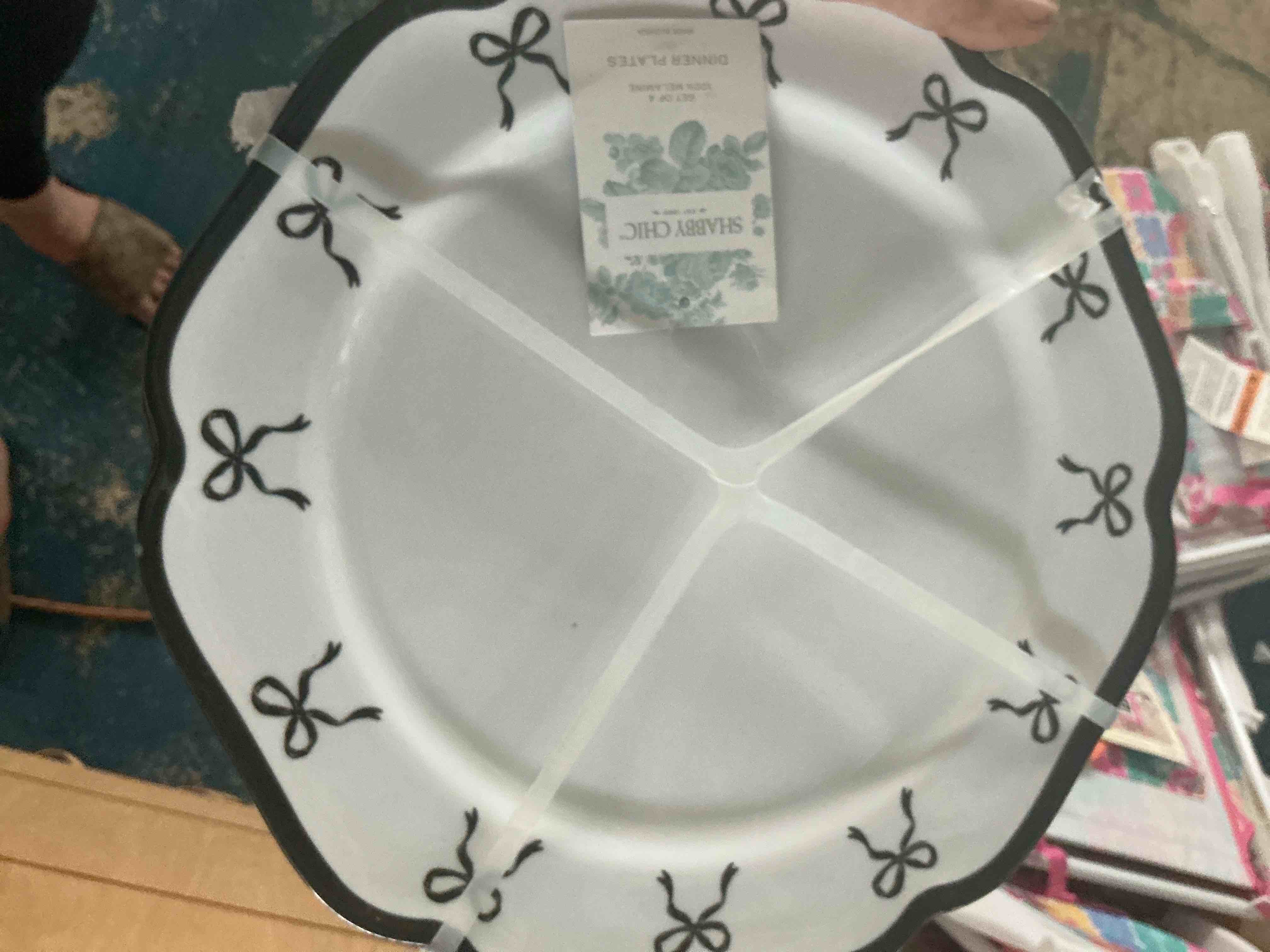 Condition photo showing Brand New for black bow plasticine plates coquette scalloped party plate 7in | 4 black bowknot disposable dessert plate for bachelorette birthday bridal baby shower tableware supply