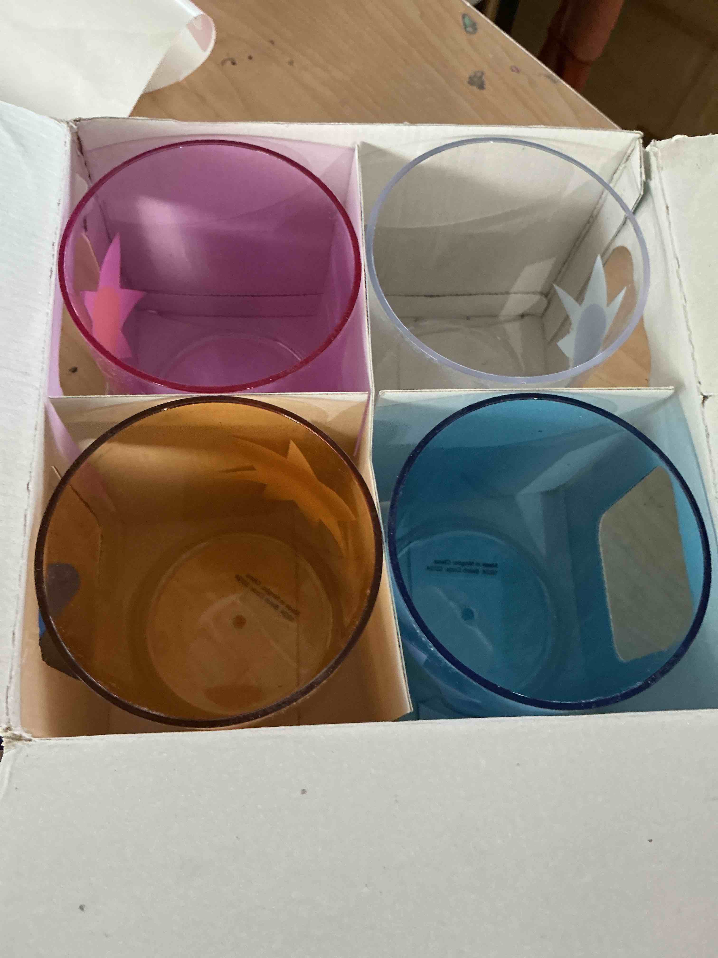 Condition photo showing New/Like New for lily's home unbreakable poolside acrylic stemless wine glasses and water tumblers, made of shatterproof plastic and ideal for indoor and outdoor use, reusable. mixed colors. 14 oz. - set of 4