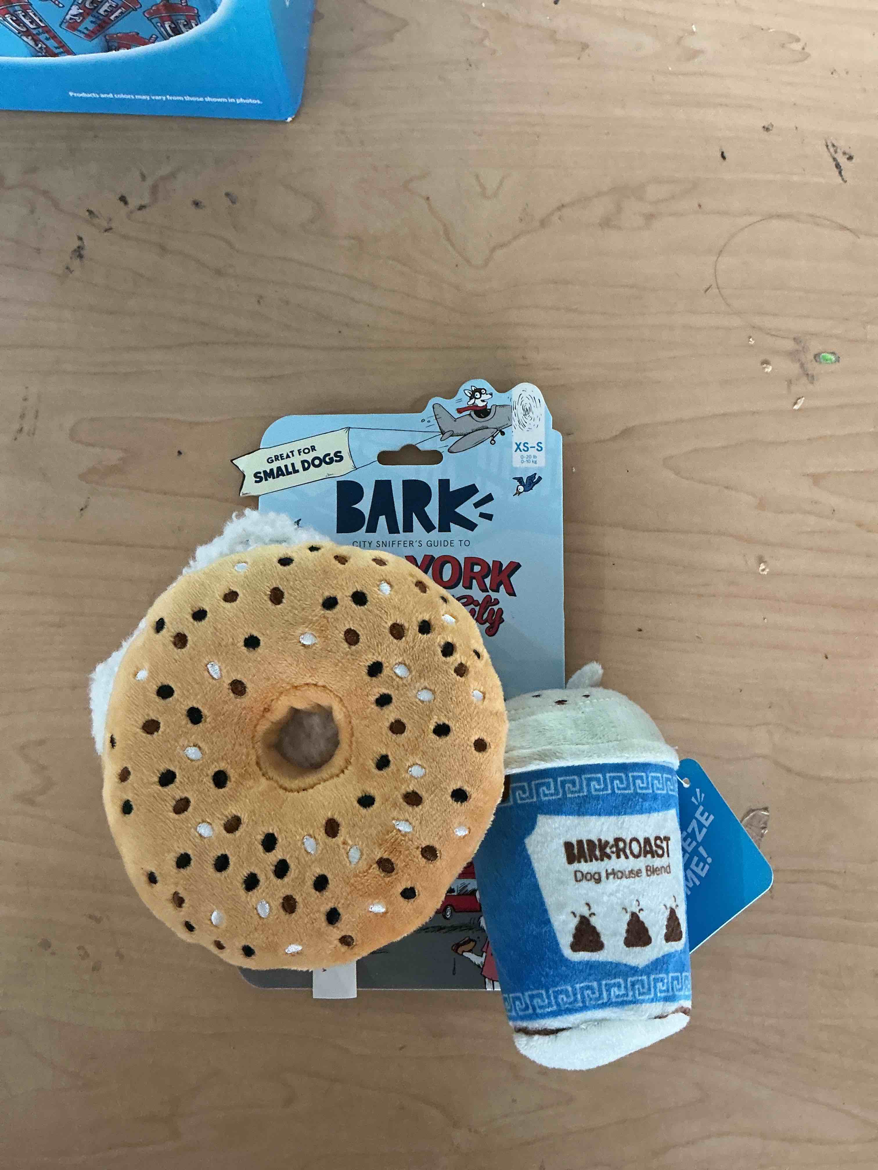 Condition photo showing New/Like New for chewffon dog plush squeaky toy, interactive bagel shape and coffee shaped puppy snuffle toys, cute dog puzzle enrichment toy treat puzzle for small and medium dogs