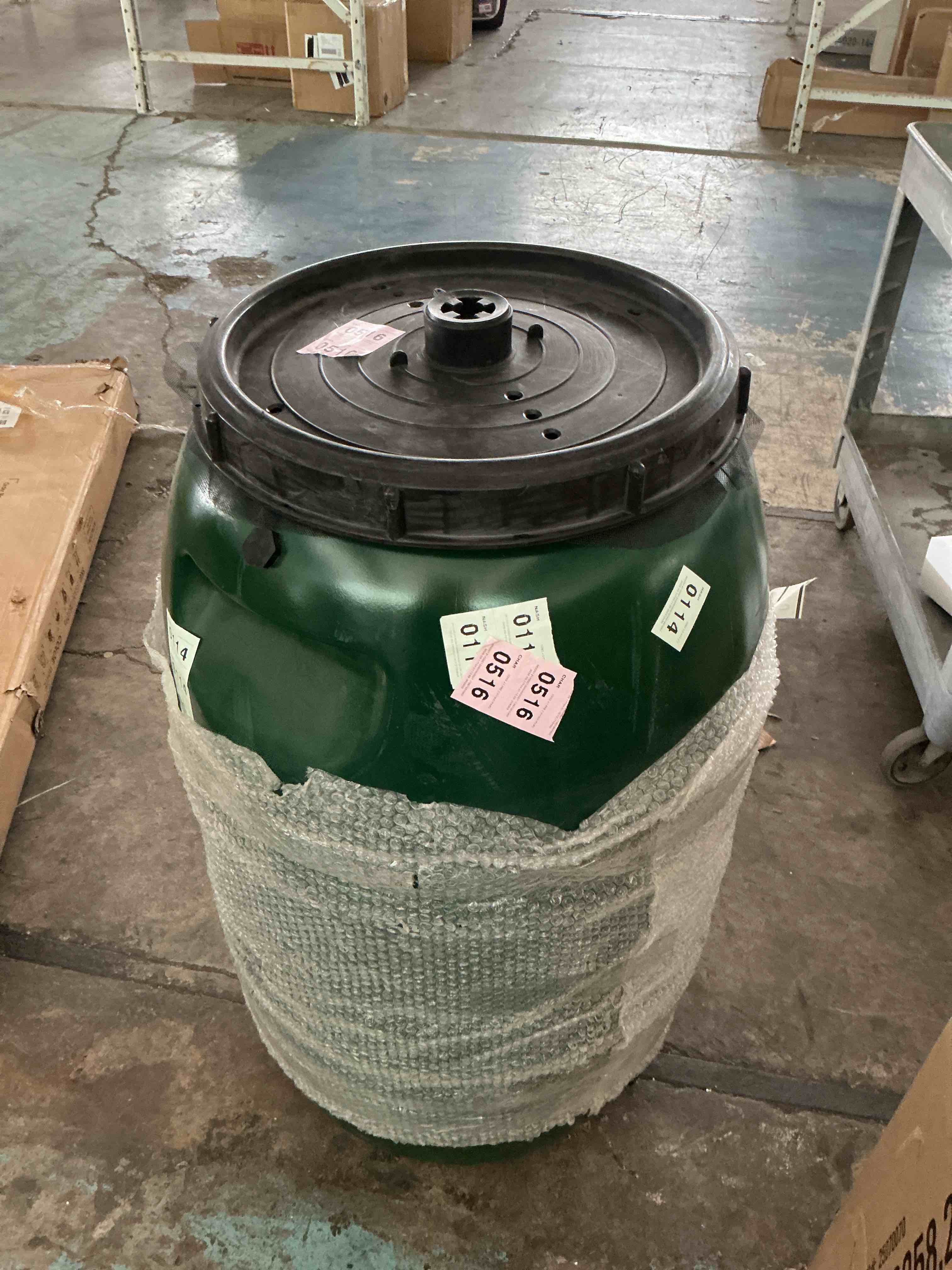 Condition photo showing Good Condition for fcmp outdoor raincatcher 4000, flat-back rain water barrel, 50-gallon, green - rainwater collection storage container w side spigots, mesh screen, garden and overflow hose & linking kit