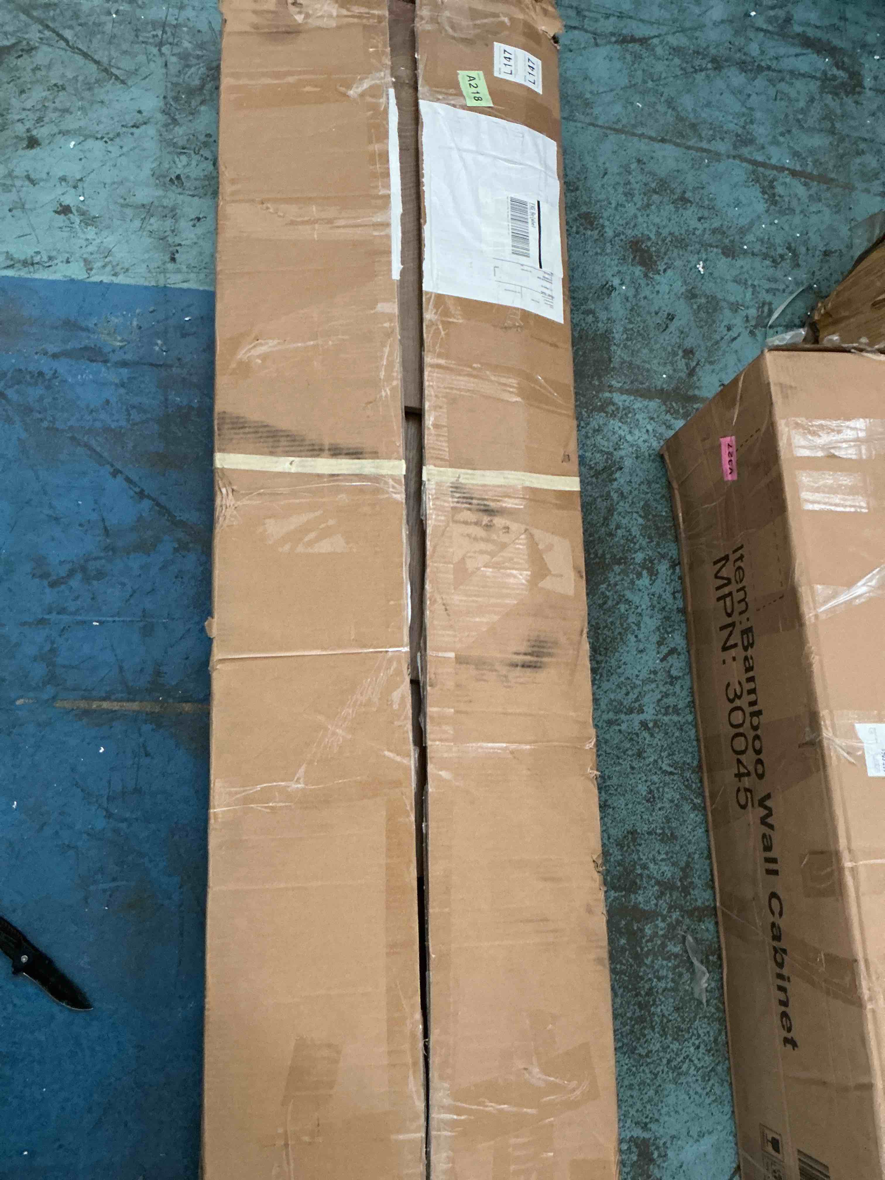 Condition photo showing New/Like New for plank+beam grand console table, 56 inch solid wood modern sofa table, narrow entryway table for hallway, behind the couch, living room, foyer, pecan wirebrush