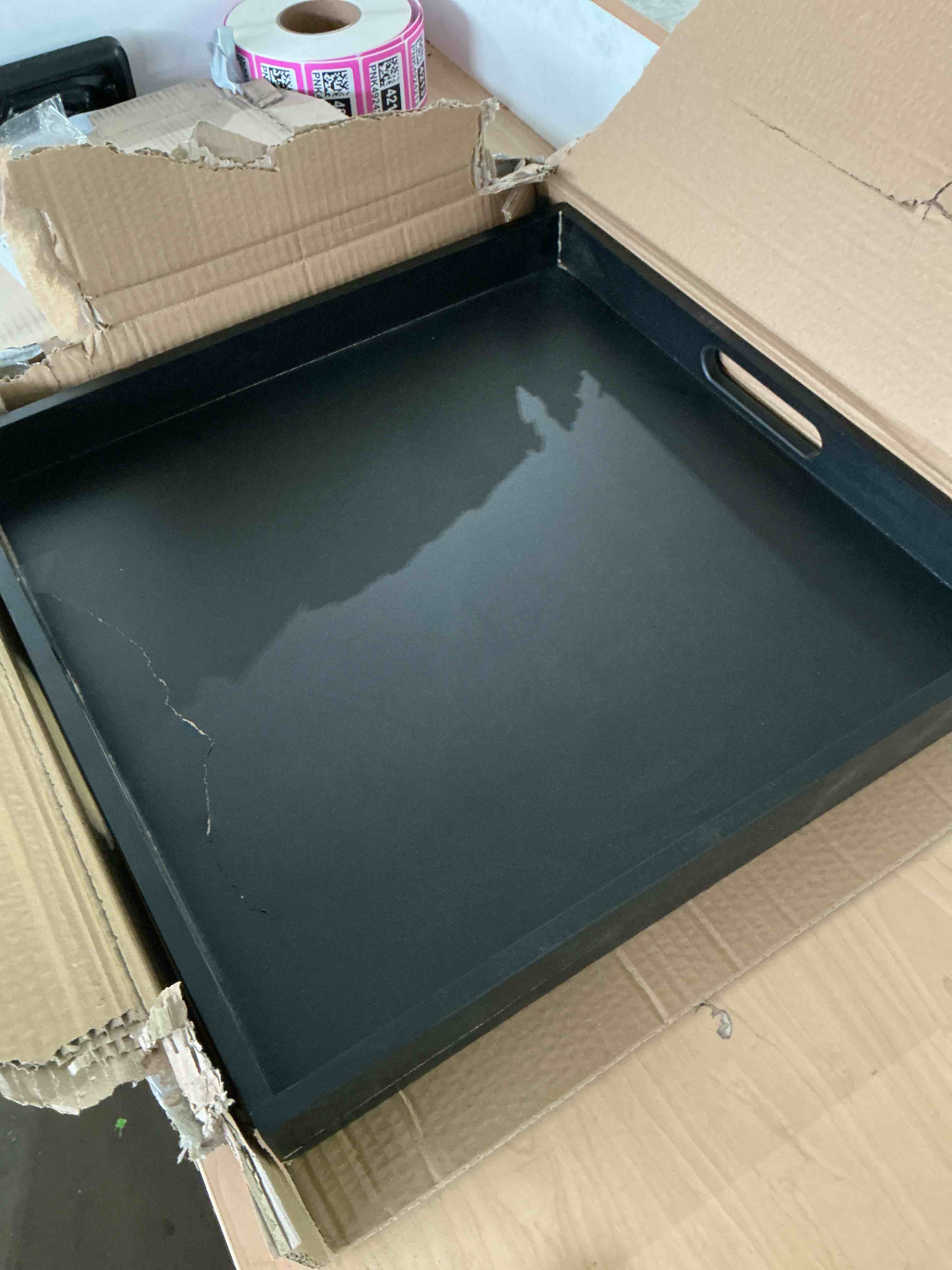Condition photo showing As Is for square wood serving tray with handle, ottoman decorative for home, 16x16 inches black
