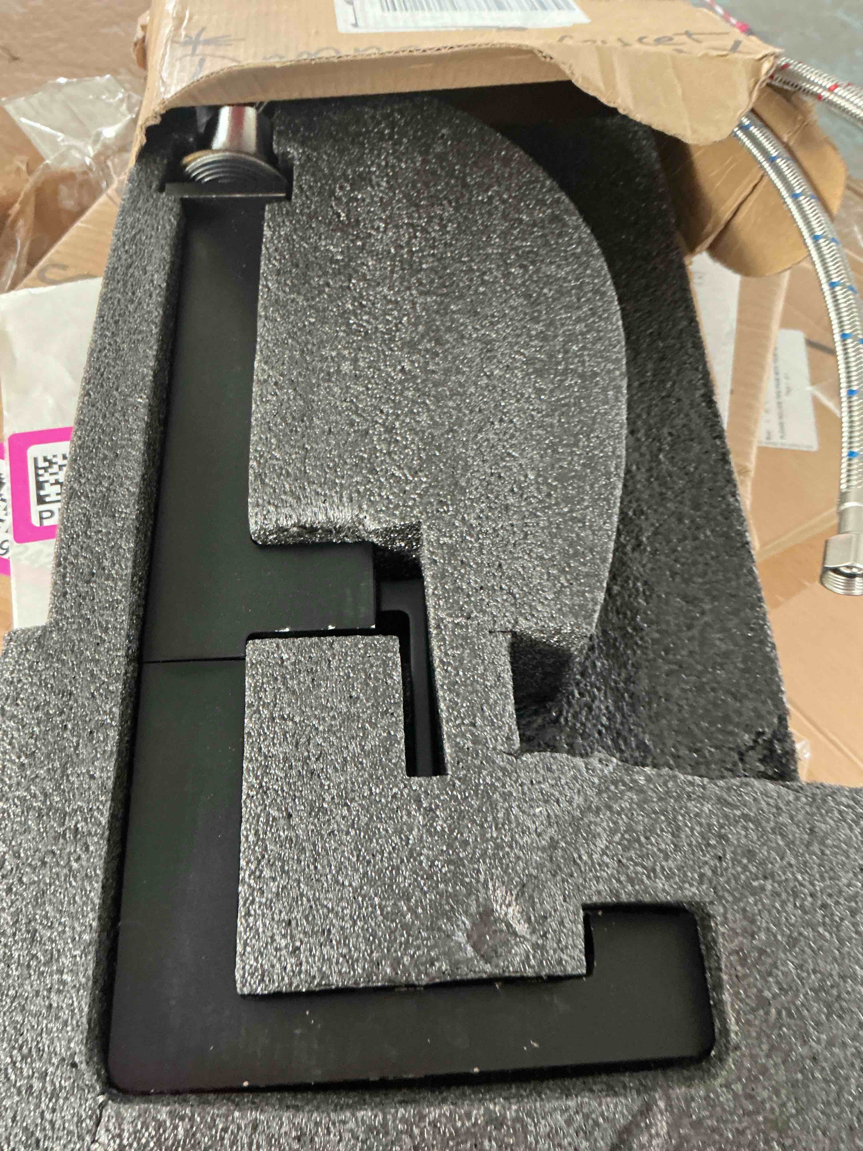 Condition photo showing As Is for forious black bathroom faucet 3 hole, matte black bathroom sink faucet 8 inch widespread, 2 handle for restroom sink with pop up drain, cupc supply hose and spare water saving aerator, vanity 3 holes