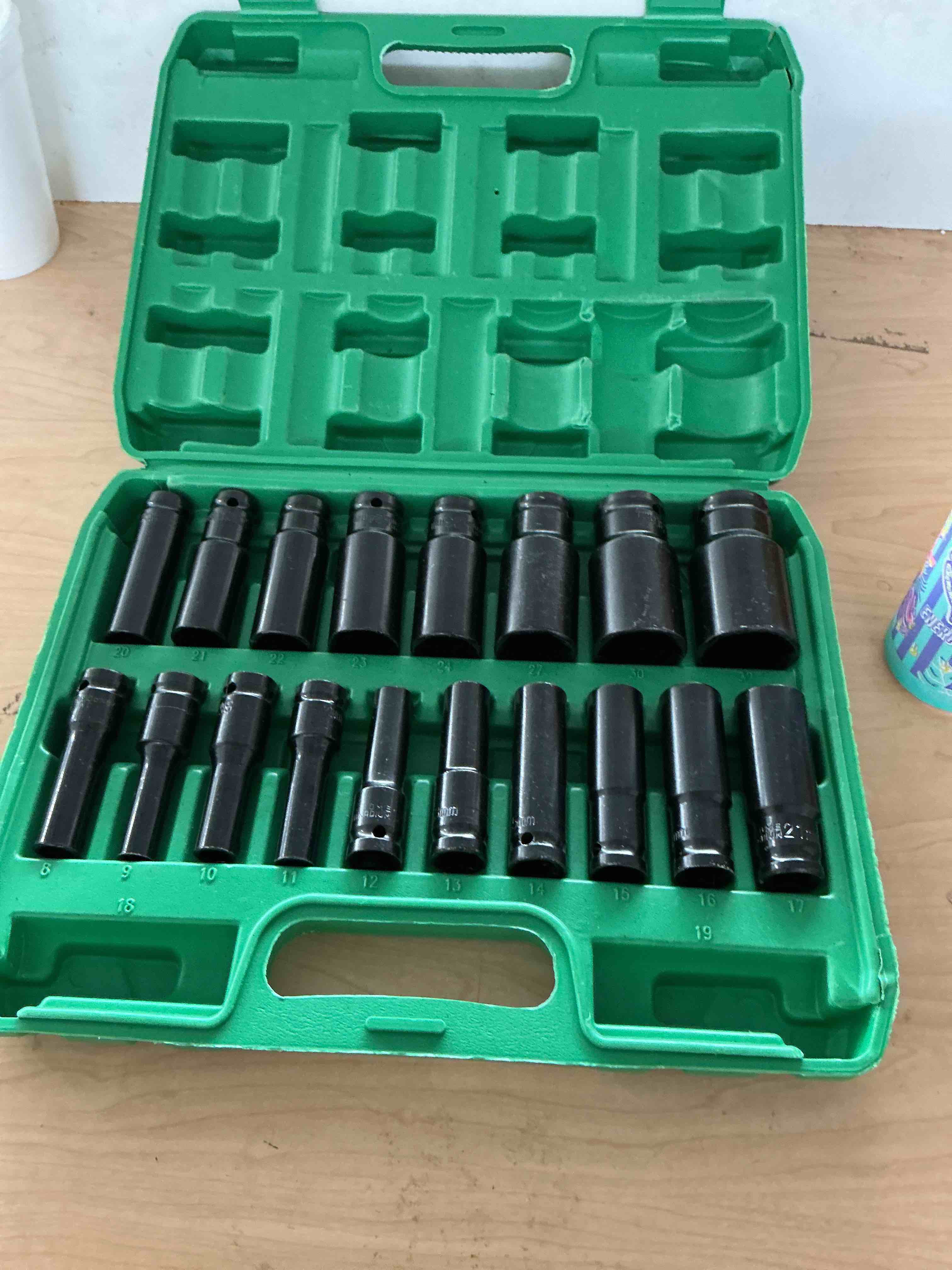 Condition photo showing New/Like New for 18 pcs 1/2" drive metric deep-impact socket set, 8mm-32mm, extended hex socket set for electric wrenches, pneumatic hex sockets, suitable for electric wrench sockets, automotive repair and nut tools