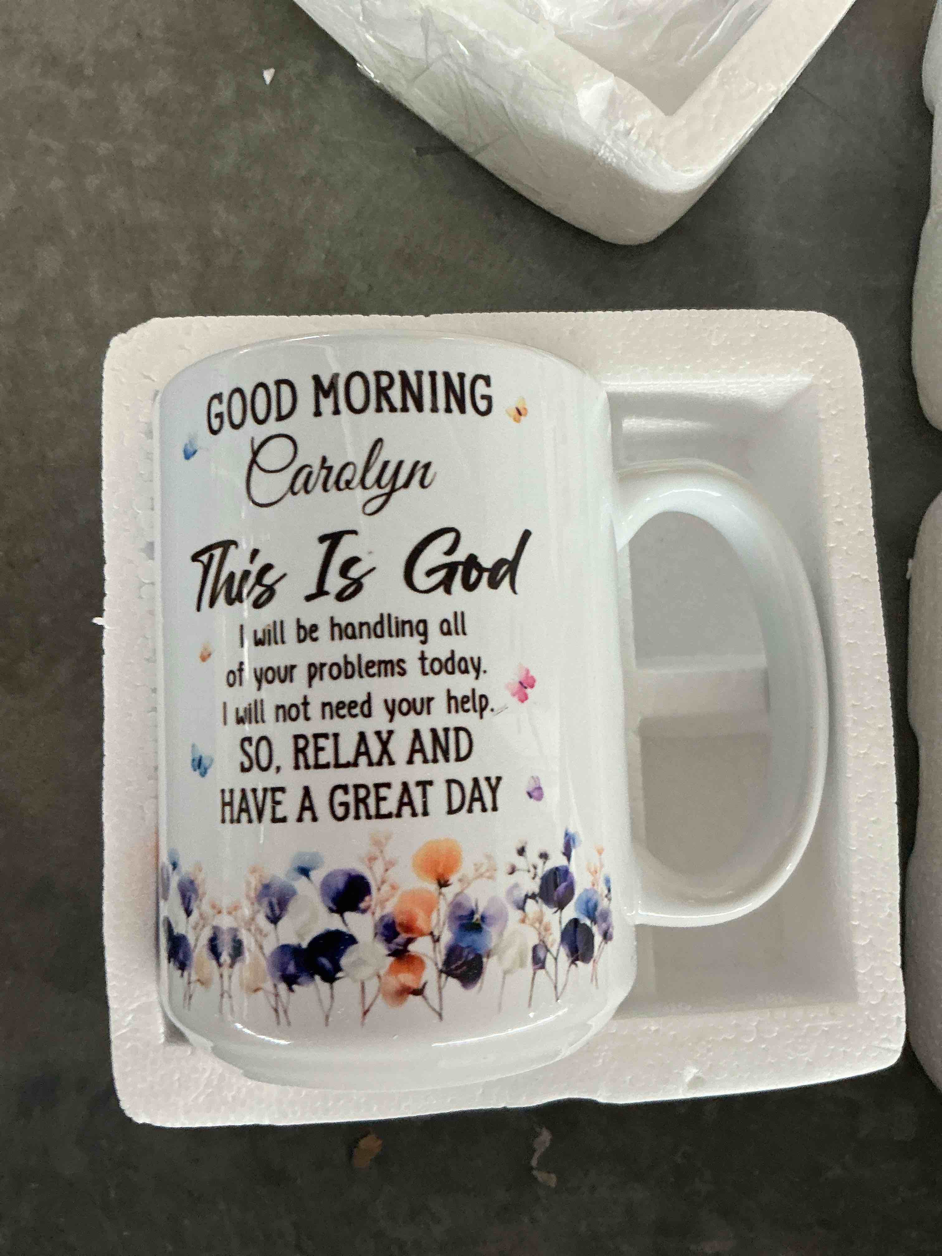 Condition photo showing New/Like New for personalized good morning this is god mug with name christian floral coffee cup gift for women men caroline