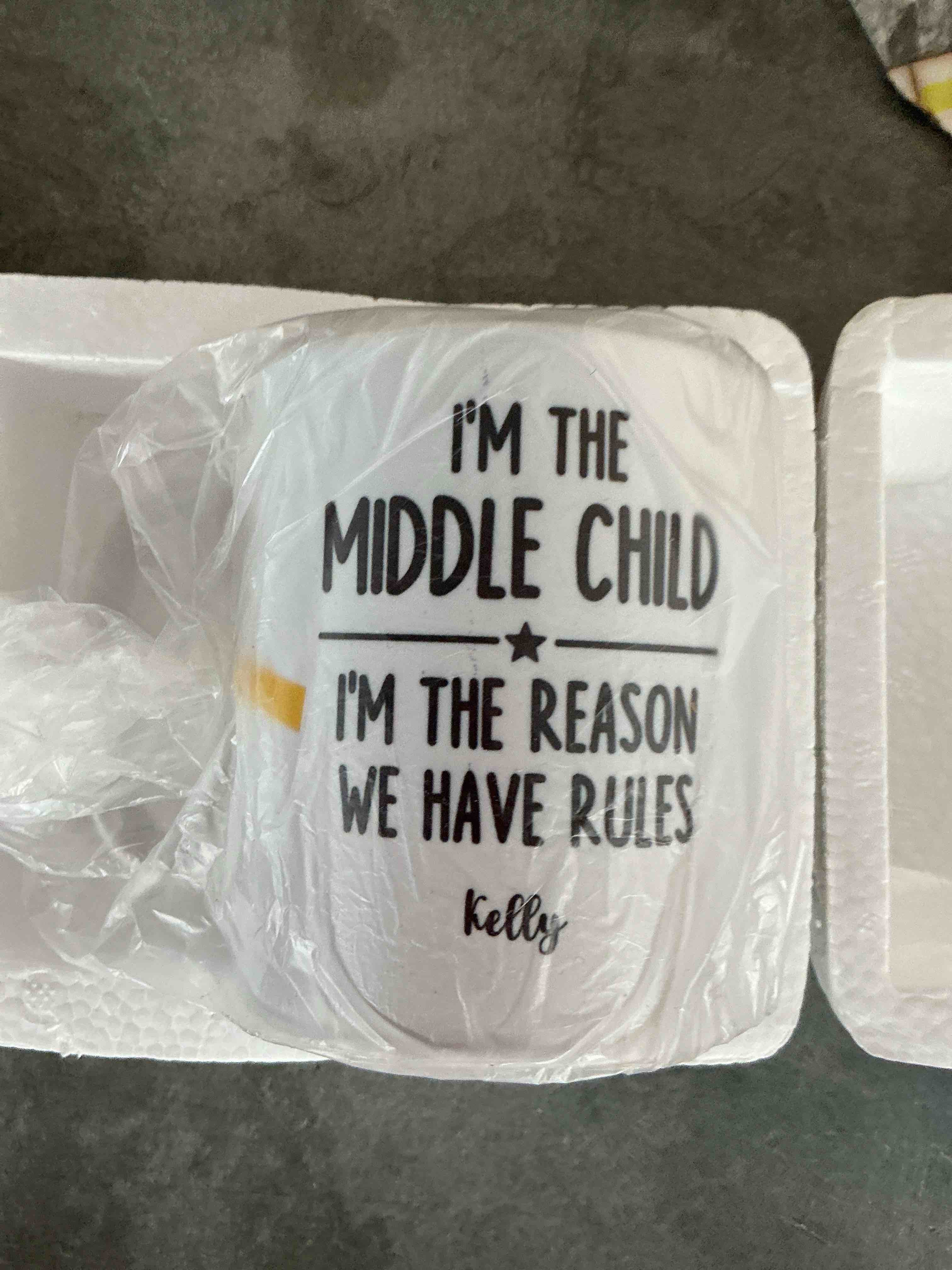 Condition photo showing New/Like New for i’m the middle child i’m the reason we have rules sibling ceramic mug, /white kelly 