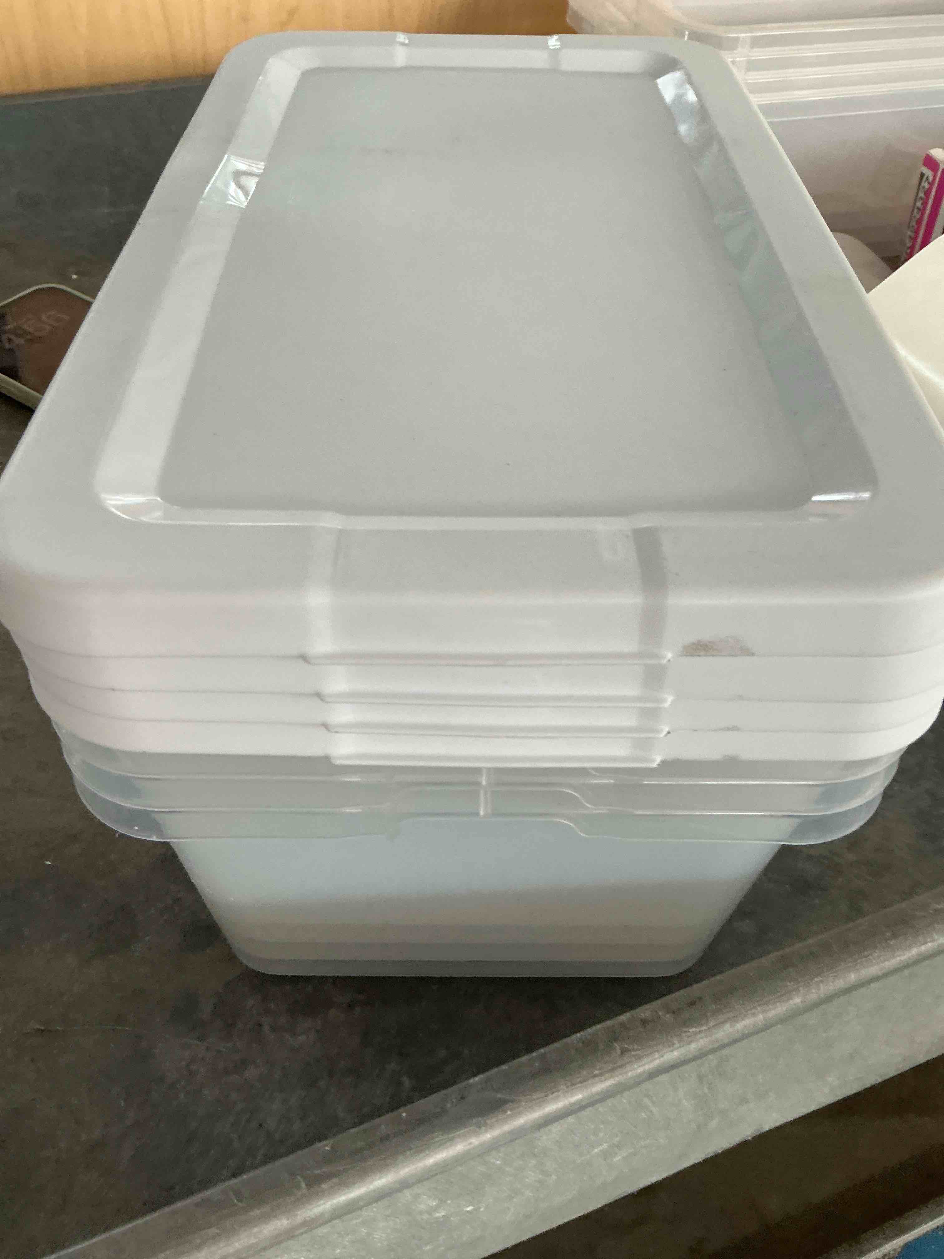 Condition photo showing New/Like New for sterilite set of (10)4quart storage boxes  clear plastic storage bin with snap-on lid  white