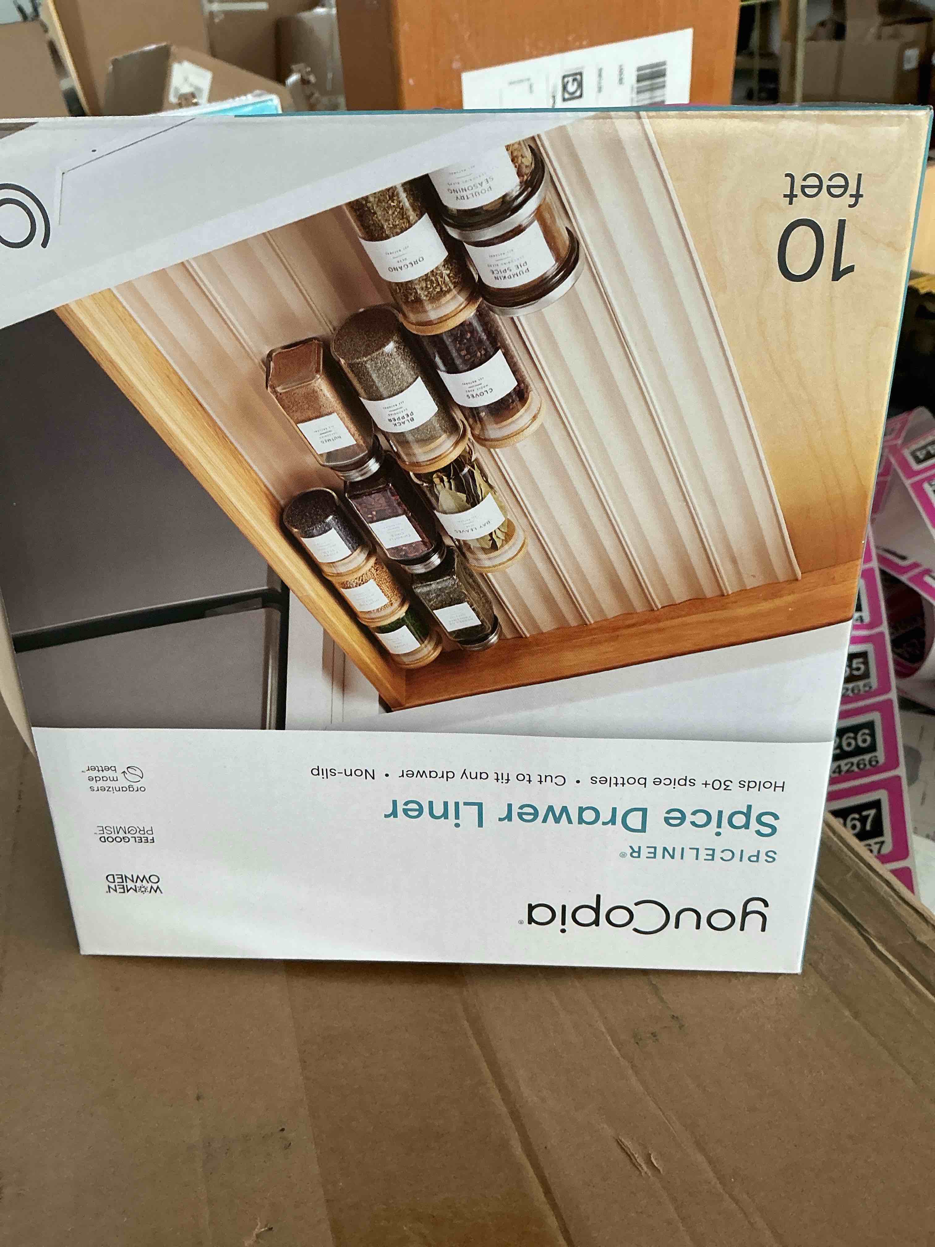 Condition photo showing New/Like New for youcopia spiceliner spice rack drawer organizer (universal fit 10’ roll),gray