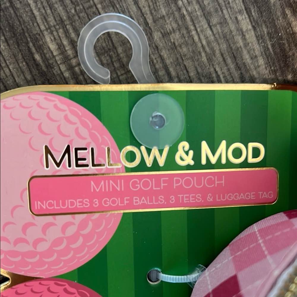 Condition photo showing Brand New for mellow & mod pink golf pouch | gift set (includes three golf balls, three tees and luggage tag)