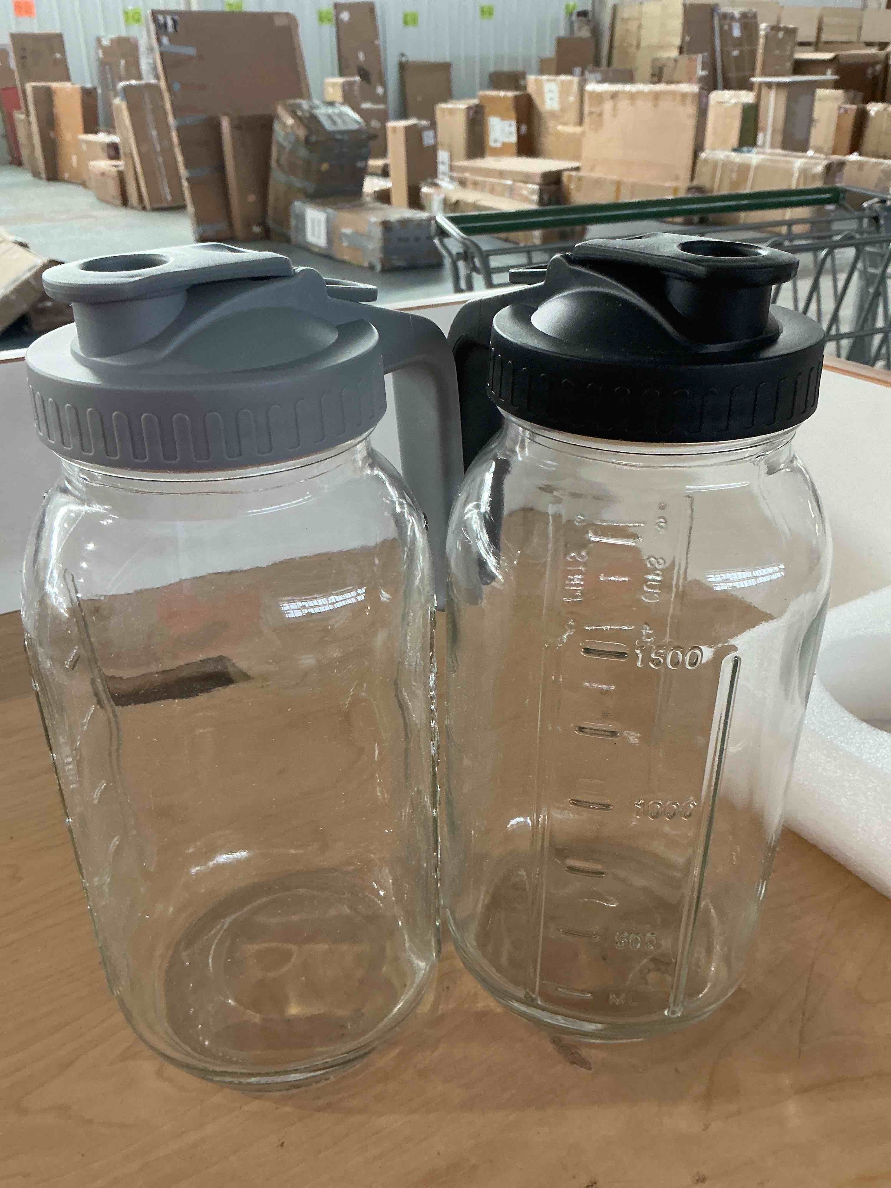Condition photo showing New/Like New for 2 pack glass pitchers with lid, 64 oz sun tea pitcher, half gallon mason jar pitcher with wide mouth airtight lid for ice tea, cold brew coffee, fridge water, milk, juices, leak proof water jug