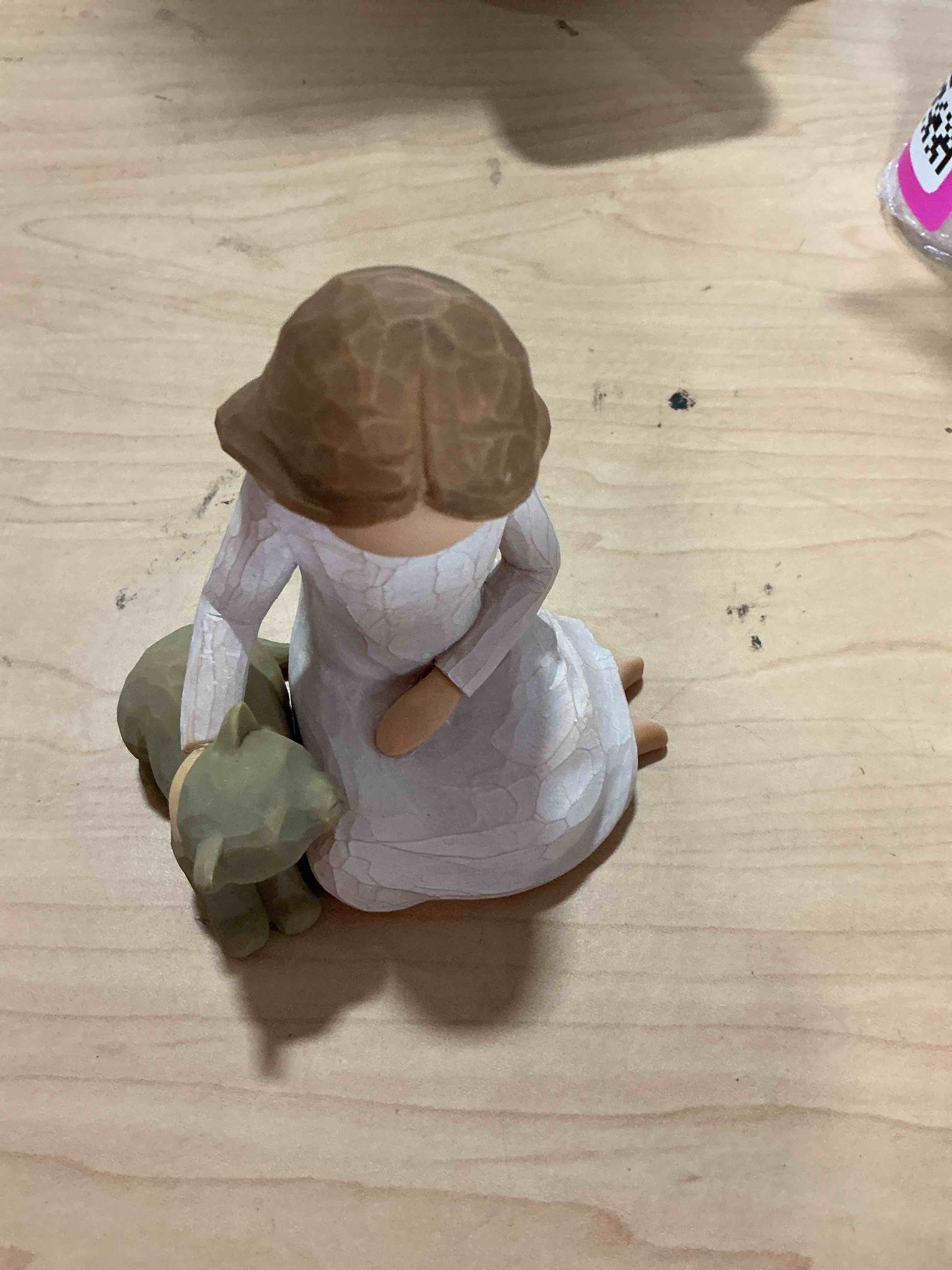 Condition photo showing New/Like New for kindness girl & cat figurine, hand-painted resin girl holding cat statue, heartwarming gift for pet lovers, home decor for bedroom, shelf, or tabletop