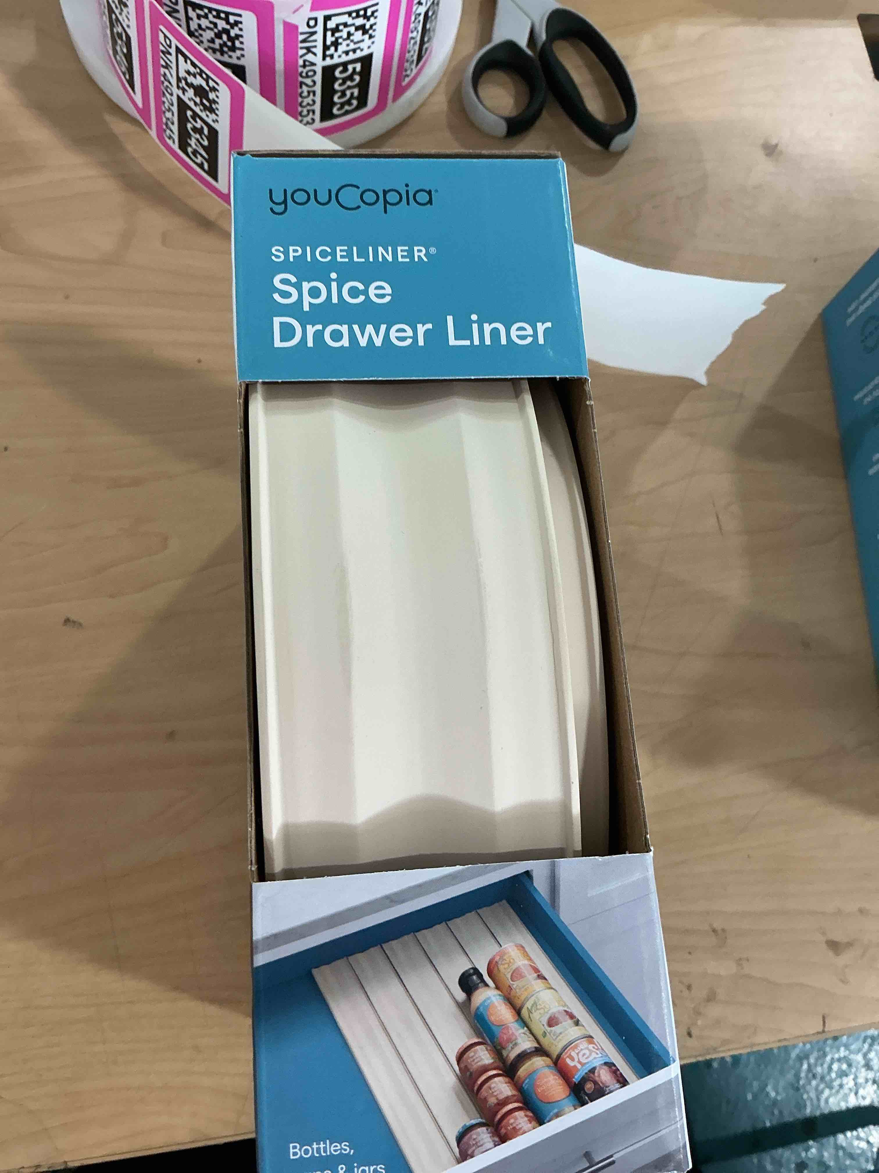Condition photo showing New/Like New for youcopia spiceliner adjustable spice drawer liner, 10ft roll, sandstone, seasoning and spices bottle organizer insert