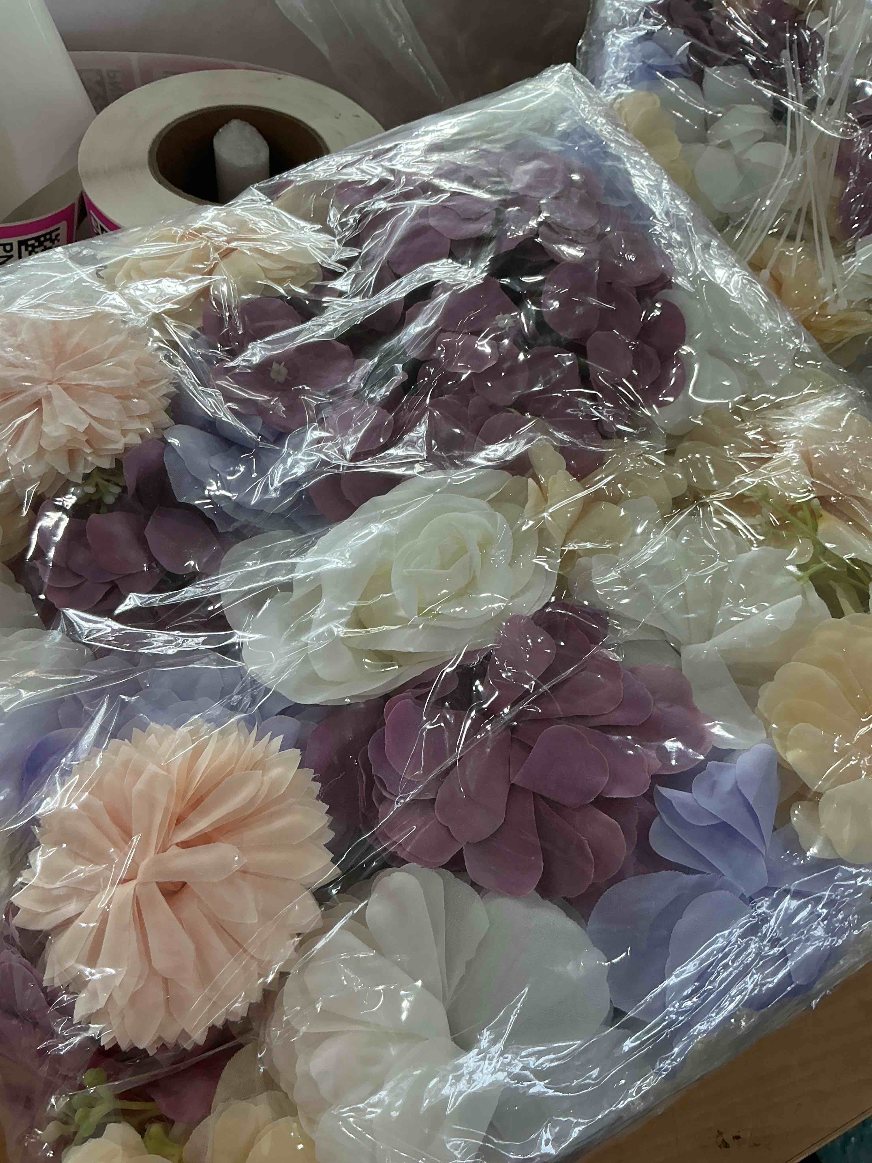 Condition photo showing New/Like New for artificial flower wall panels 3d backdrop, premium silk roses and hydrangeas, flexible mesh frame for wedding party photo booth decor, 15x15 inch, 2pack(purple)