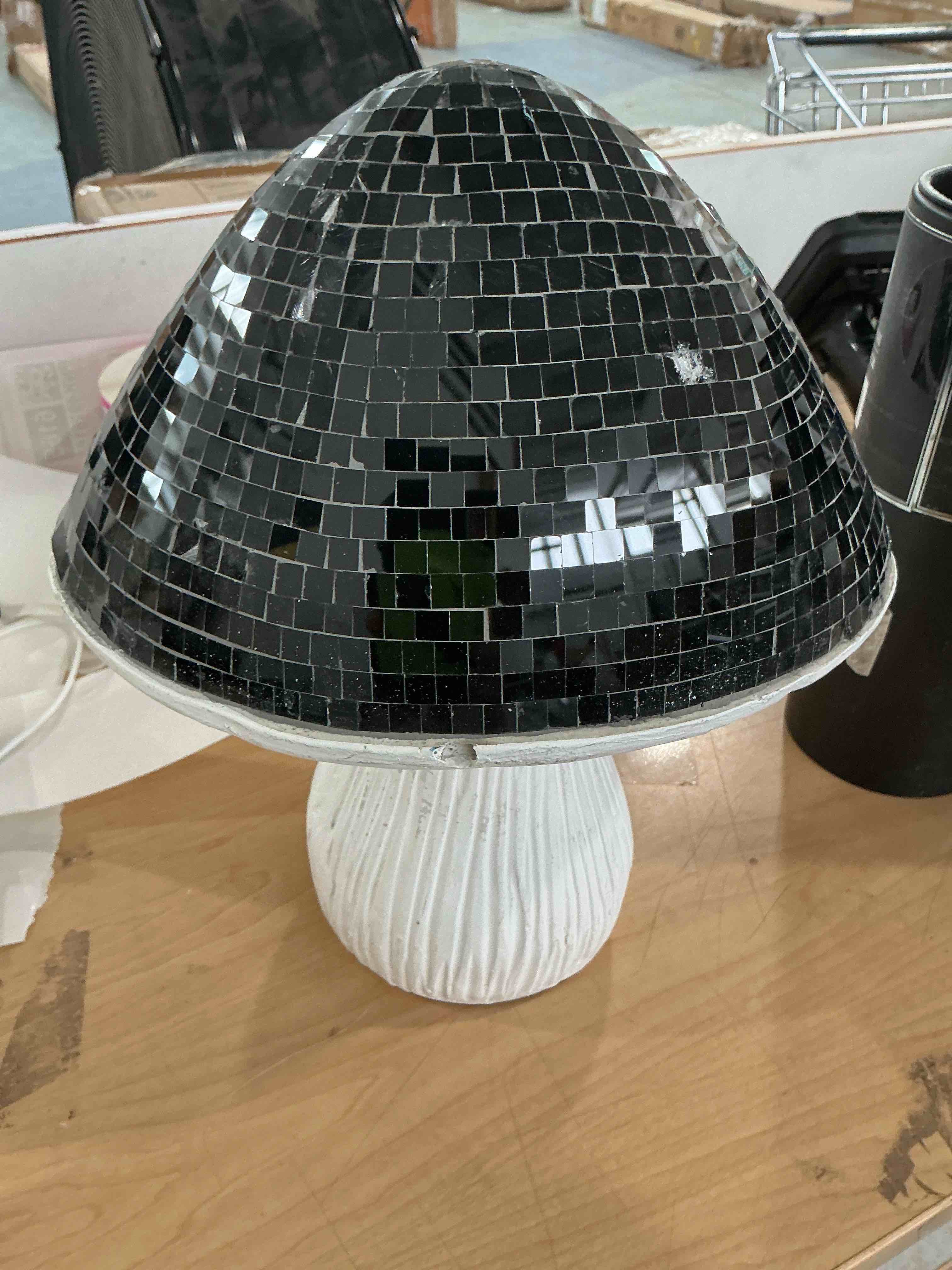 Condition photo showing As Is for decorative disco ball mushroom sculpture designed for table top display