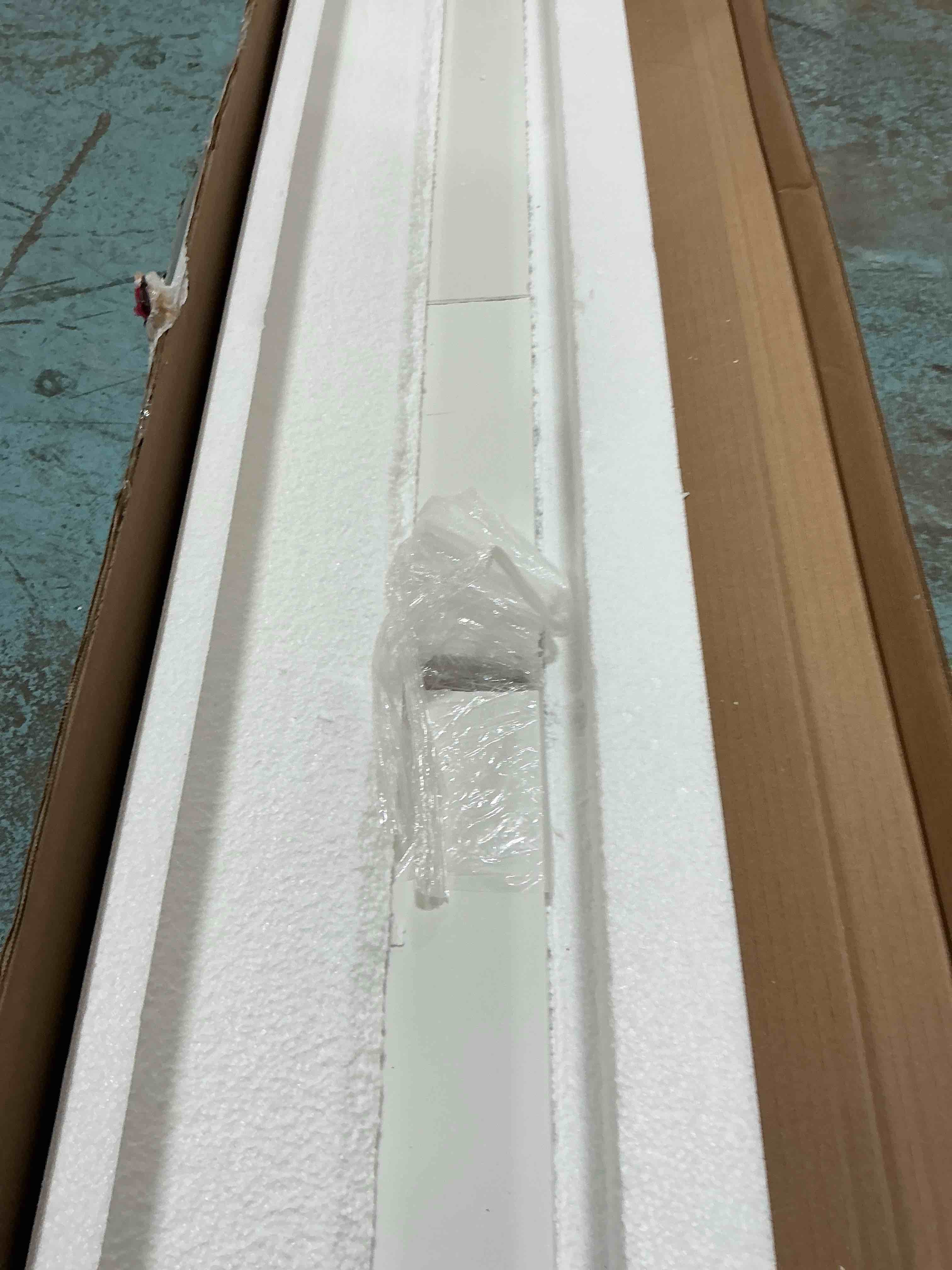 Condition photo showing As Is for super white engineered marble threshold for shower curb, bathroom vanity backsplash, window sill, door transitions (4" x 48")