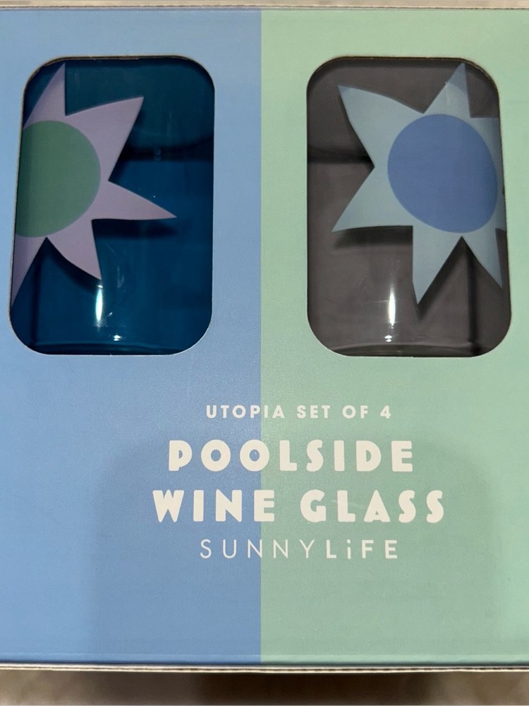 Condition photo showing Brand New for sunnylife set of 4 utopia pool wine glasses pink, blue, clear & yellow