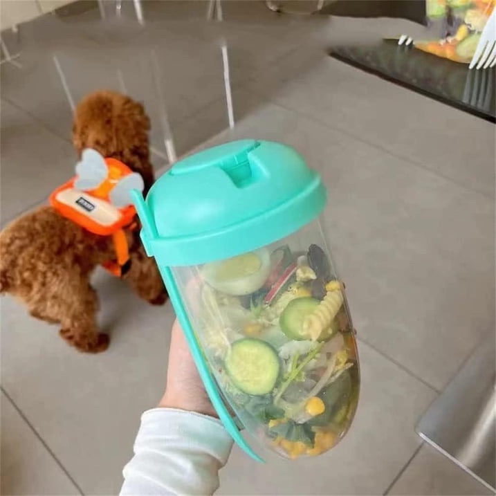 Condition photo showing New/Like New for fresh salad, milk, shaker cup with fork and dressing holder, portable salad cup for picnic and takeaway green