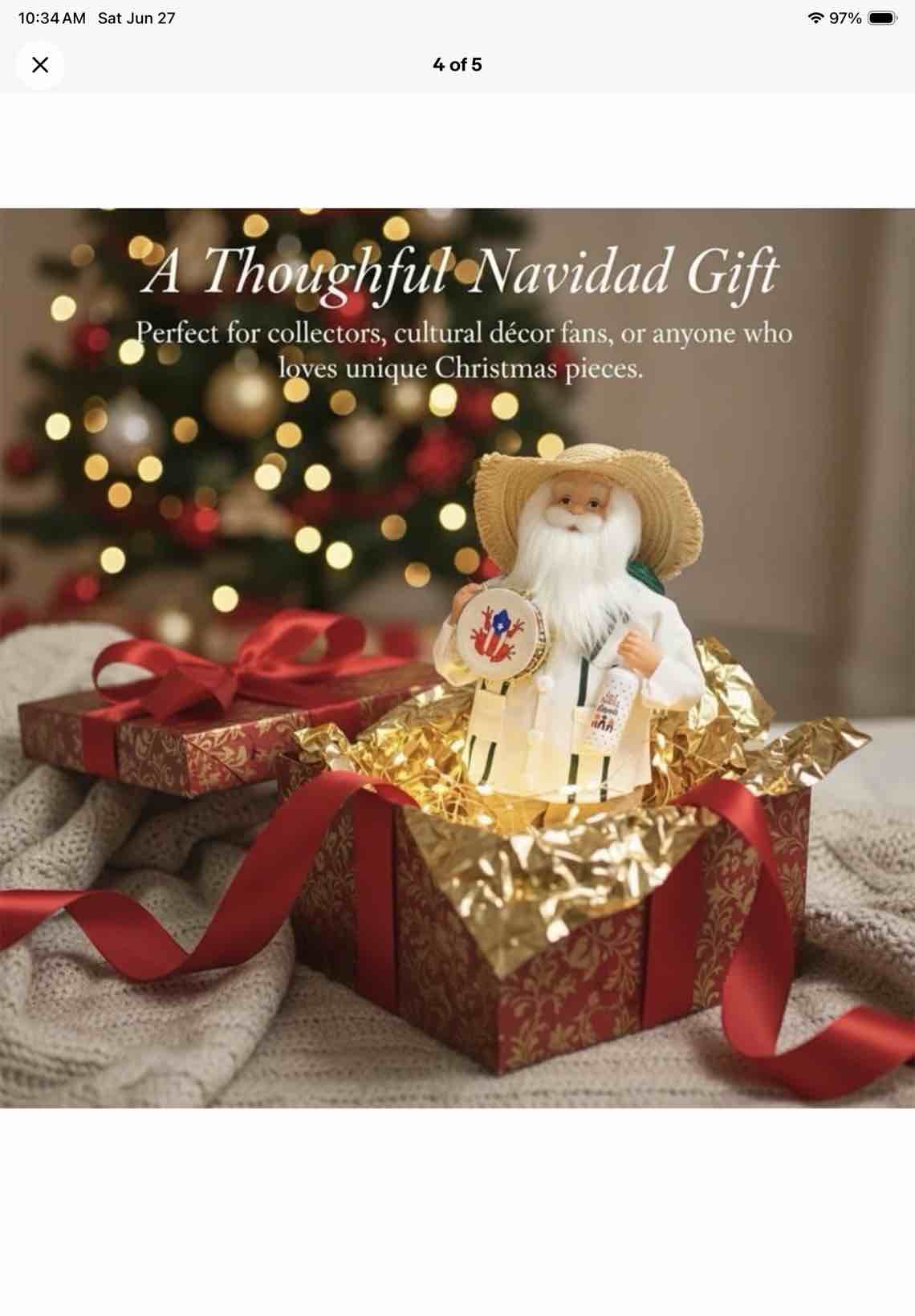 Condition photo showing New/Like New for puerto rican santa claus figurine, 10in, straw hat, guayabera pr frog rum bottle