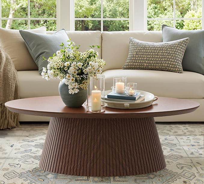 win2win oval coffee table, mid century modern coffee table with fluted design, small funky tea table with wood grain veneer, minimalist center table for living room, apartment, office, walnut