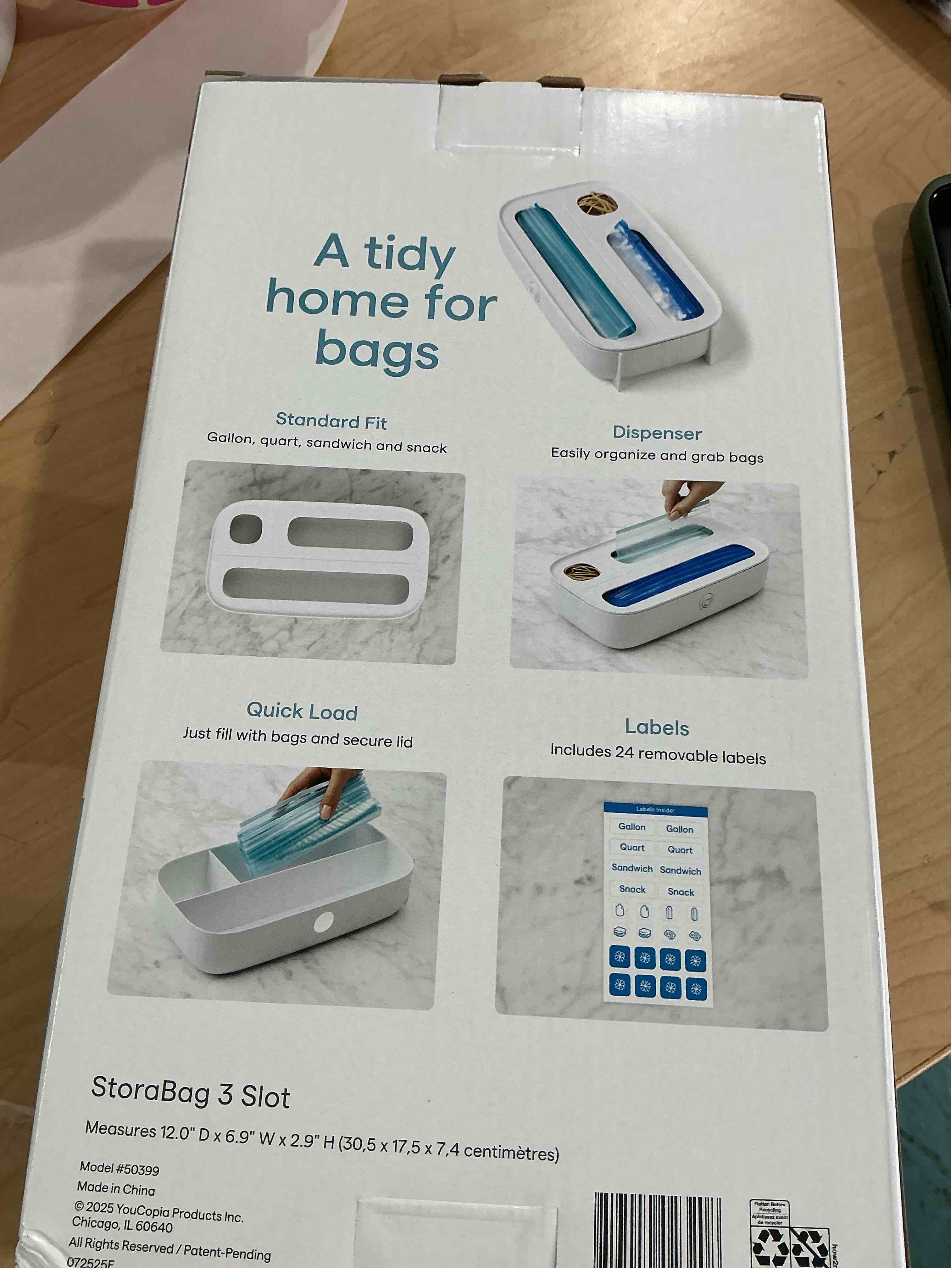 Condition photo showing New/Like New for youcopia storabag drawer food bags dispenser, 3-slot, plastic sandwich bag organizer for kitchen storage, white