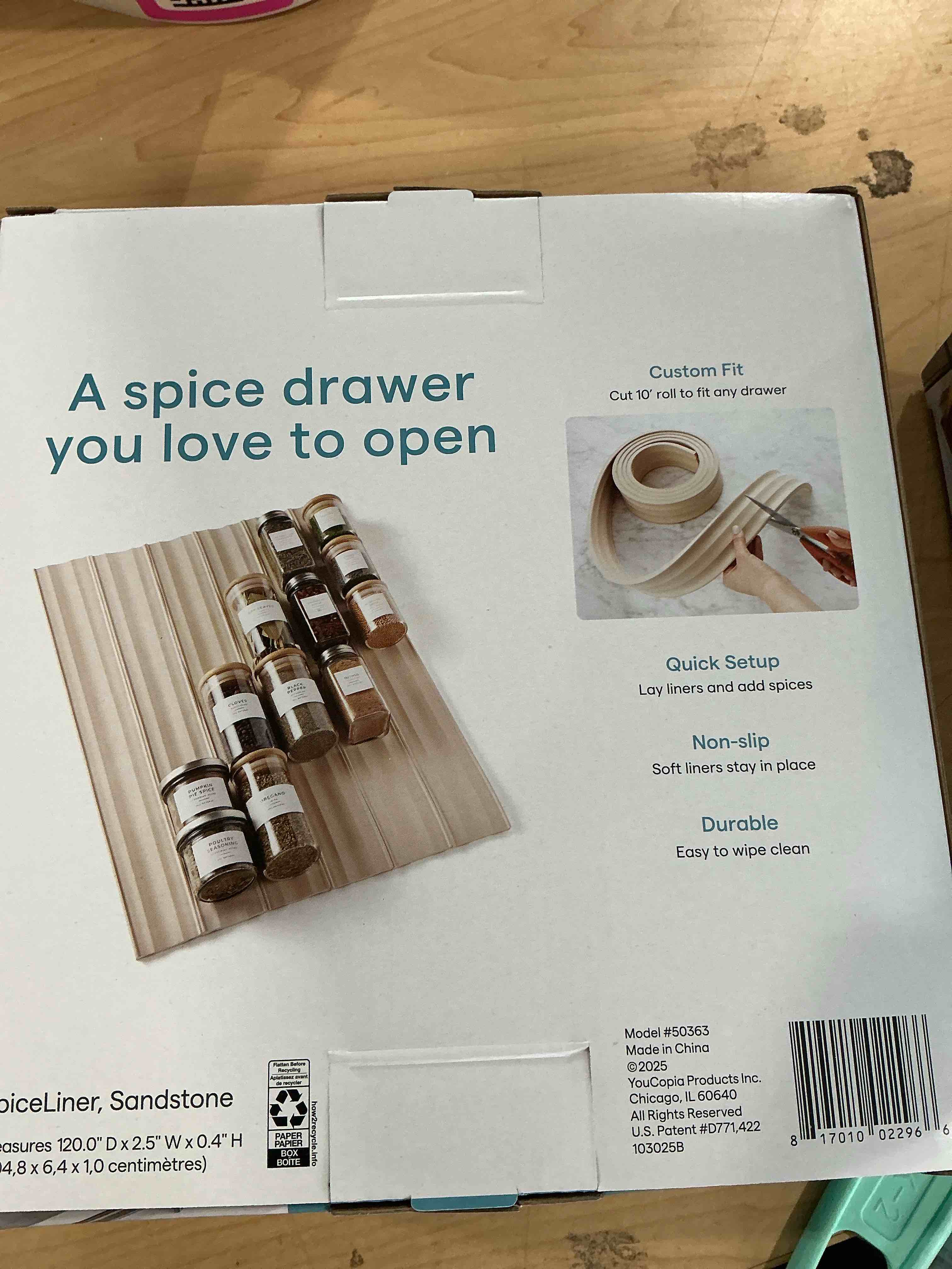 Condition photo showing New/Like New for youcopia spiceliner adjustable spice drawer liner, 10ft roll, sandstone, seasoning and spices bottle organizer insert sandstone 2.5"w x 120"l