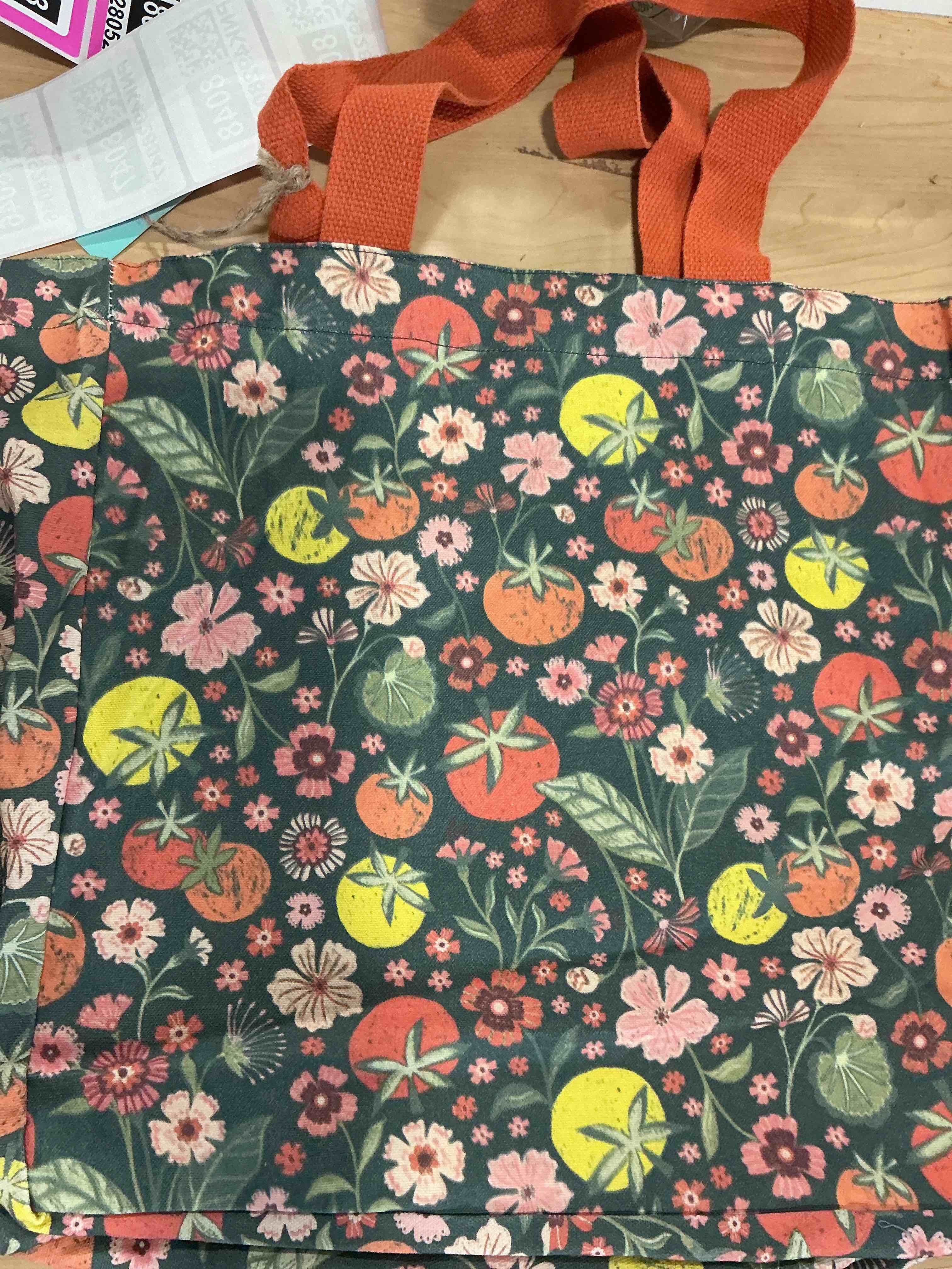 Condition photo showing Brand New for martha stewart canvas, tote bag, flowers, and orange is green and orange color scheme with yellow and orange