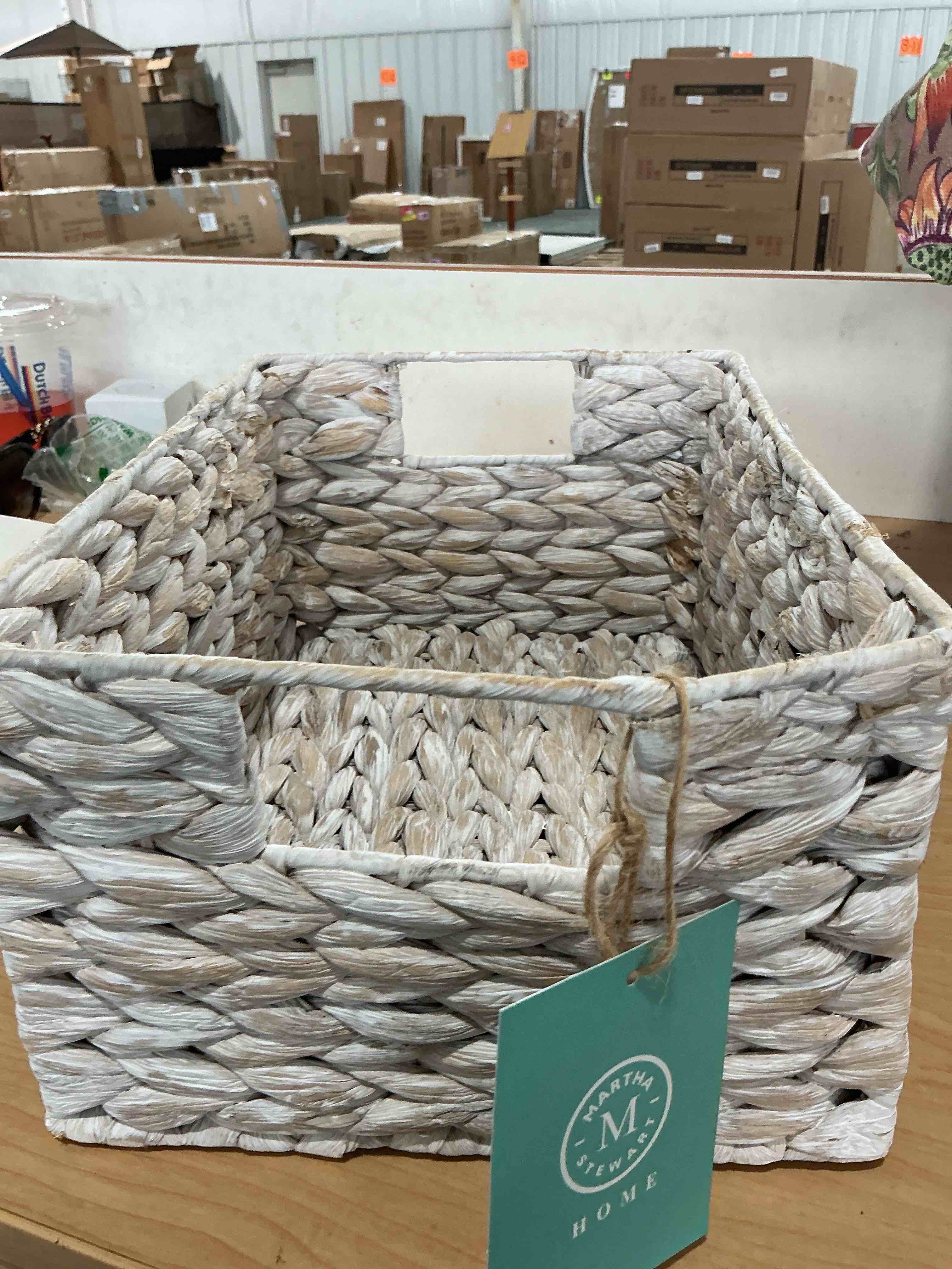 Condition photo showing Brand New for rectangular handwoven wicker basket - natural water hyacinth storage baskets with 2 built-in handles - ideal for towel - white