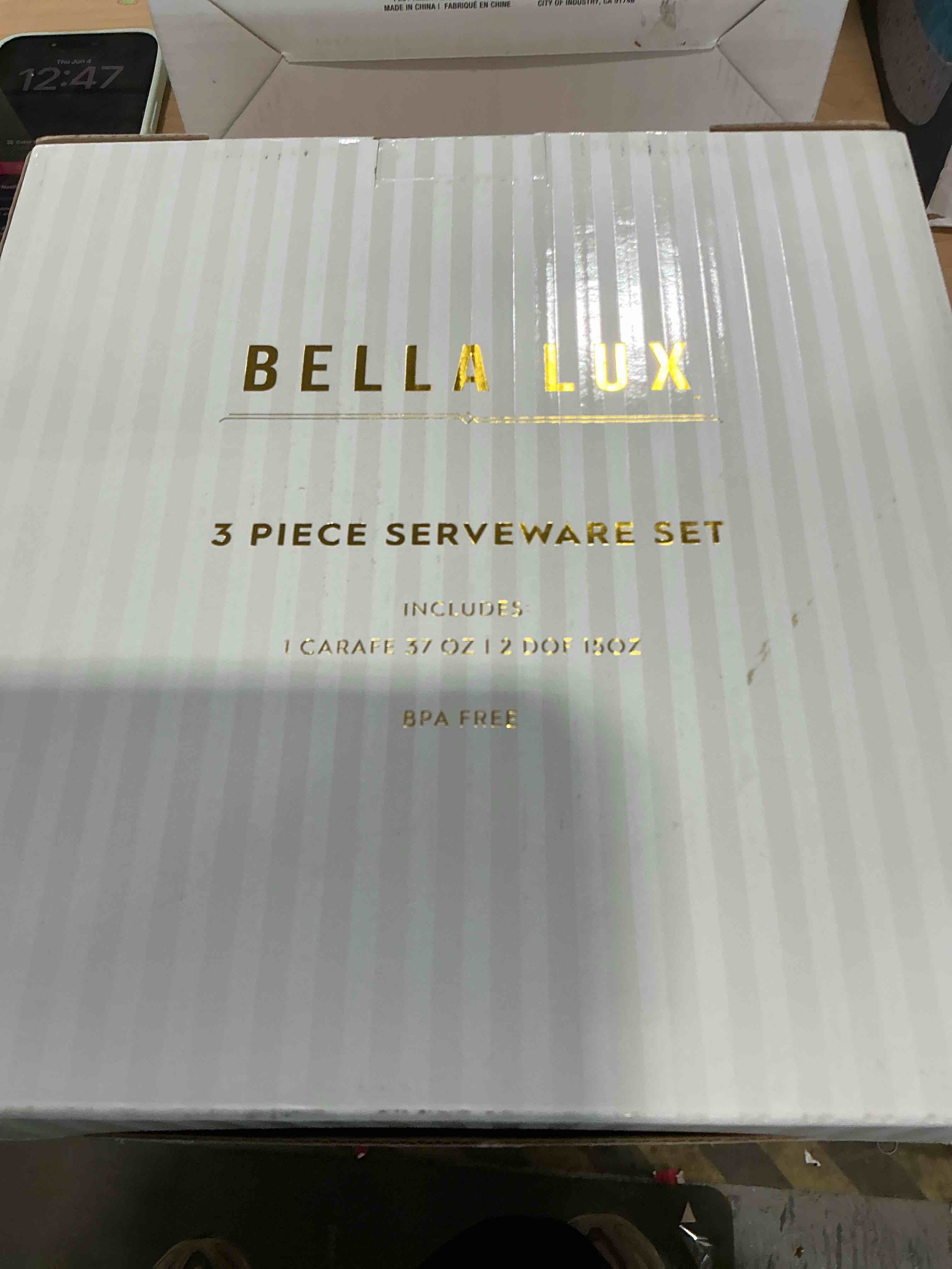 Condition photo showing Brand New for bella lux 3-piece serveware set includes one plastic picture and two plastic matching cups