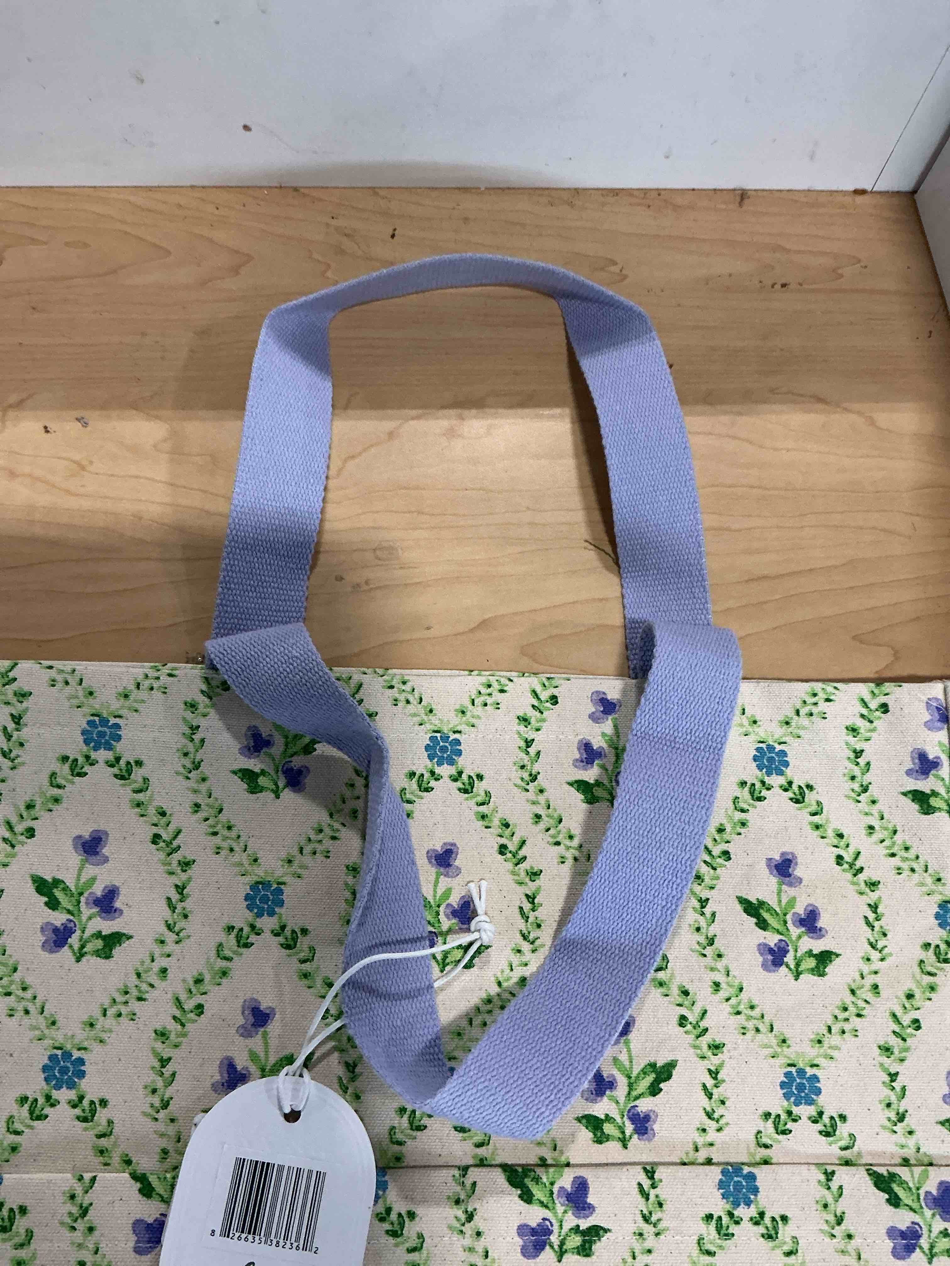 Condition photo showing Brand New for casey kimmel canvas tote bag with green and purple flowers