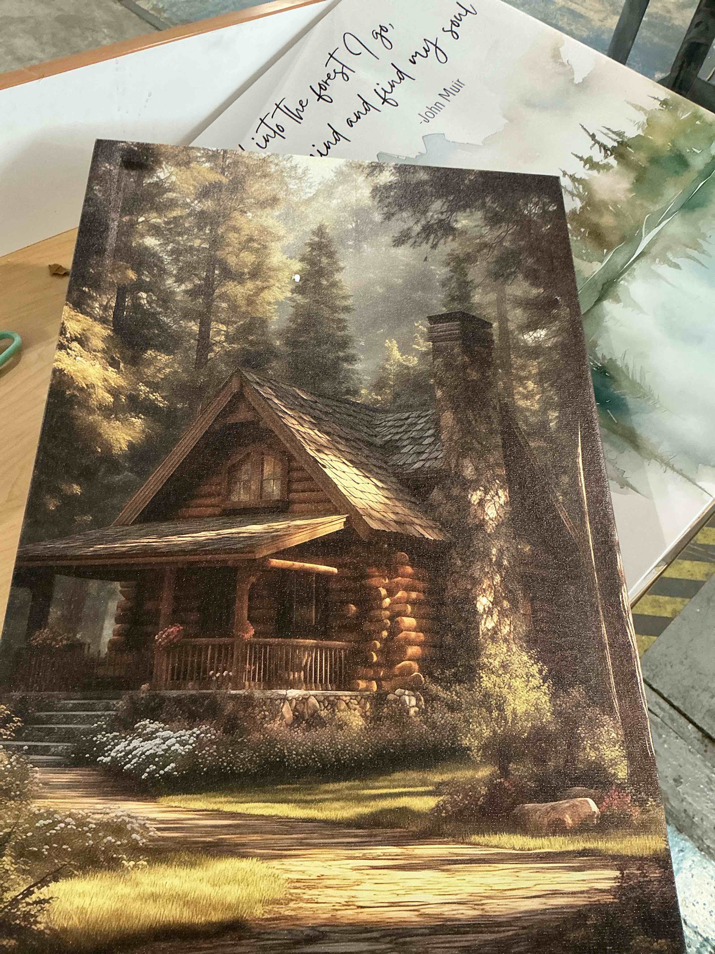Condition photo showing New/Like New for rustic log cabin oil paining, pine tree forest wall art, cabin in the woodland wall decor, evergreen forest log cabin decor framed poster ready to hang (framed,16×24 inch)