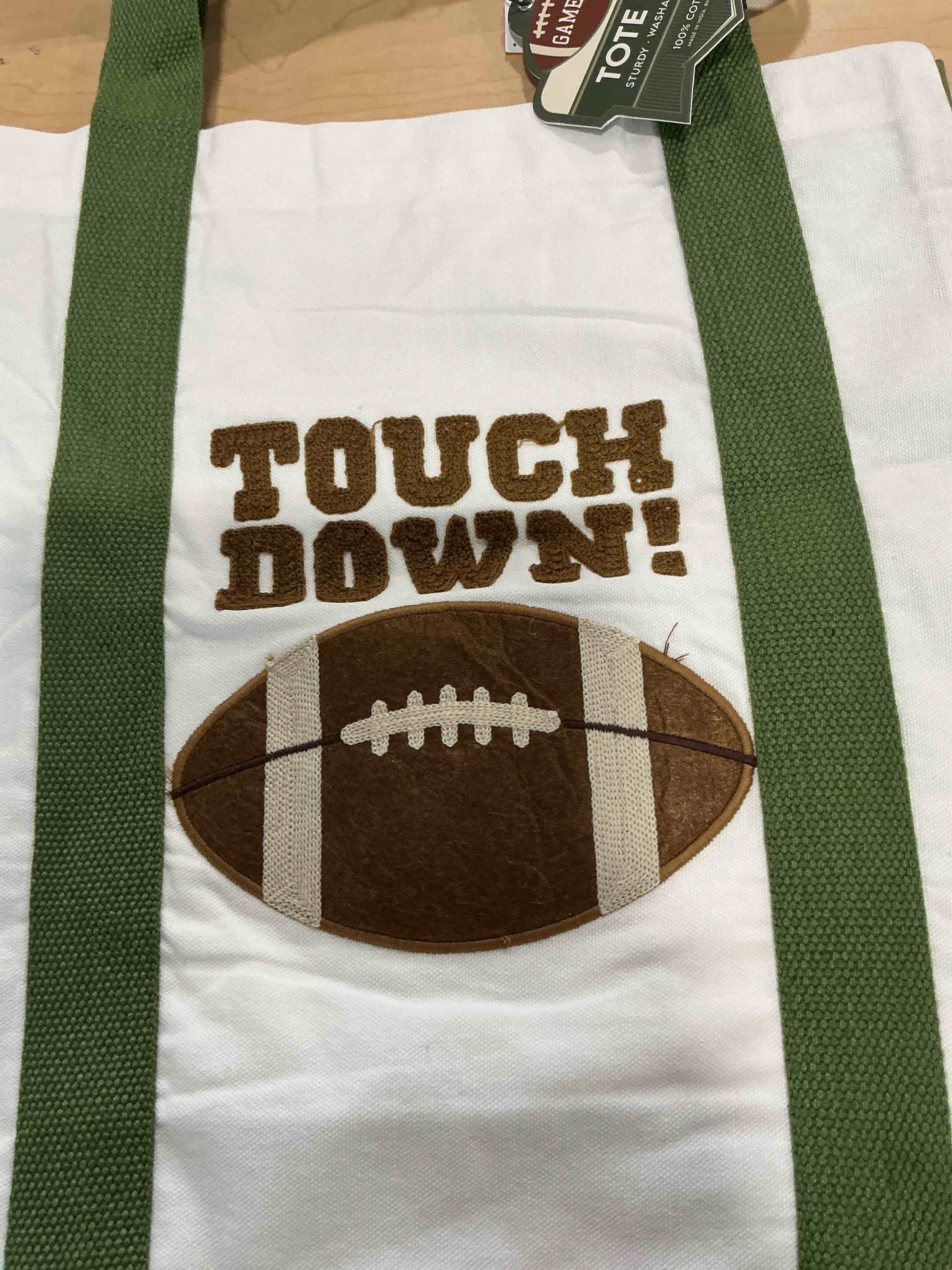 Condition photo showing Brand New for game on tote bag, football touchdown, tote hundred percent cotton sturdy, washable and stylish
